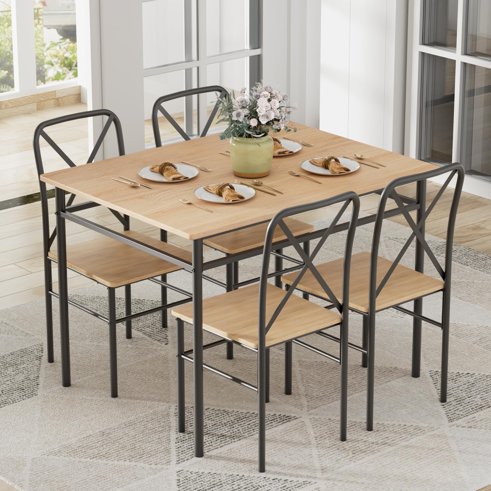 VECELO Dining Table Set for 4, 5-Piece Wood Kitchen Table with Chairs for Small Space, Breakfast Nook, Space-Saving, Natural Black