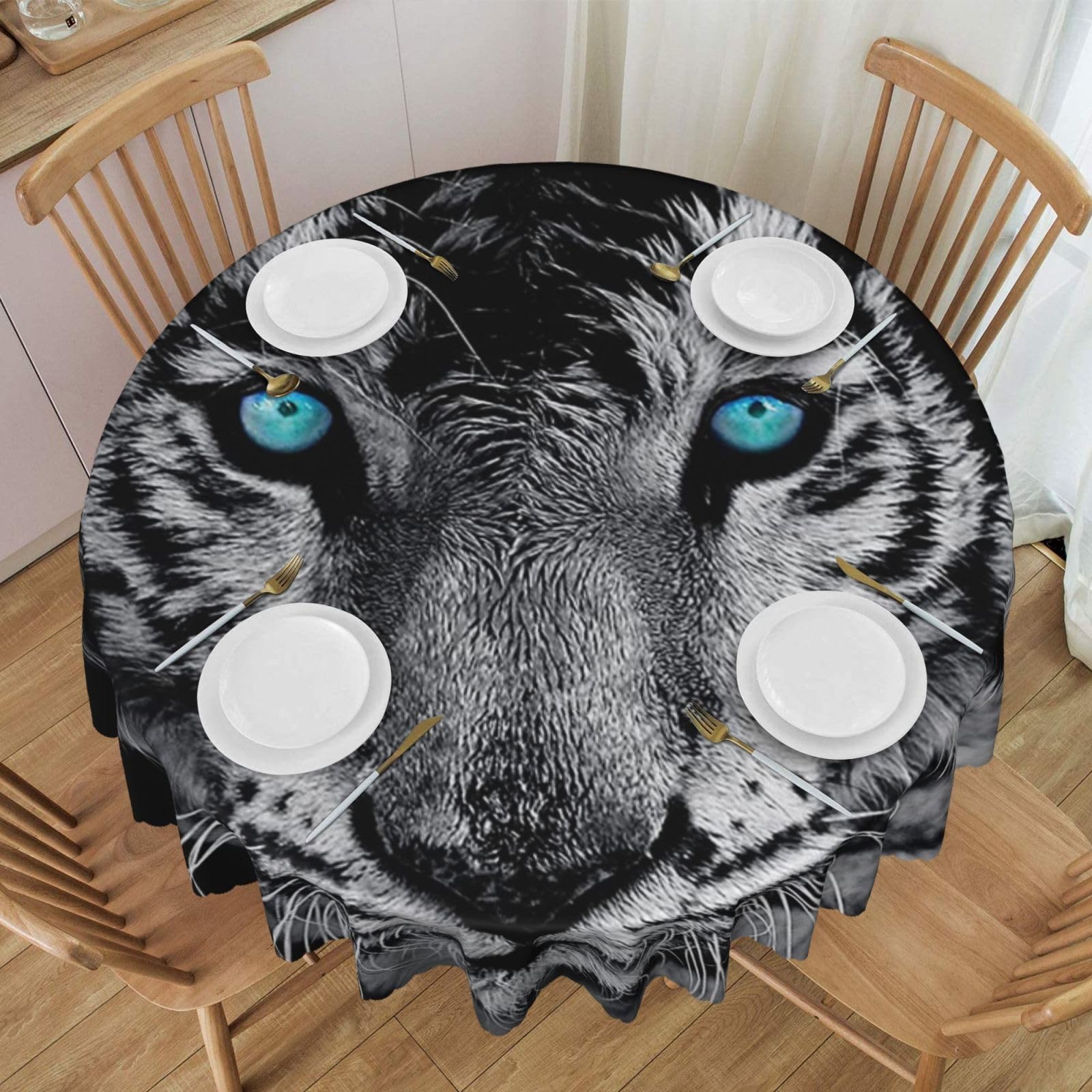 DCEHGEW 60 In Round Tablecloth with Lace, White tiger Printed Oilproof & Washable Fabric Picnic Table Cloth Table Covers