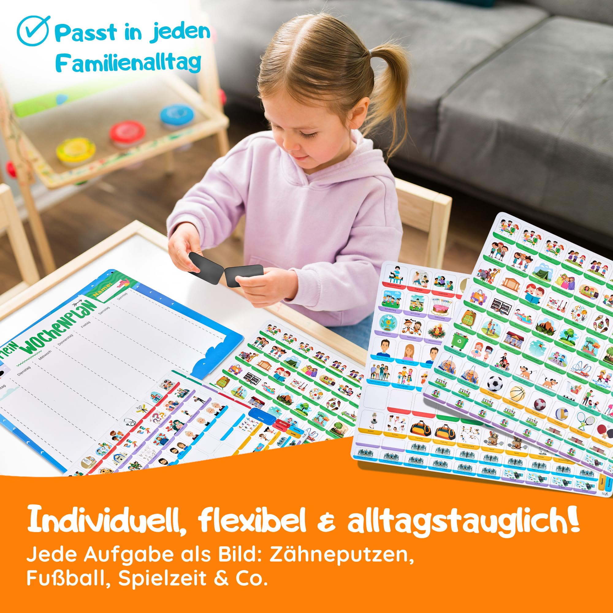 Filapen® Montessori planer tygodniowy dla dzieci – tablica magnetyczna w zestawie z 209 magnesami, woreczkiem materiałowym, długopisem i sznurkiem – planer zadań, kompletny zestaw do pisania i