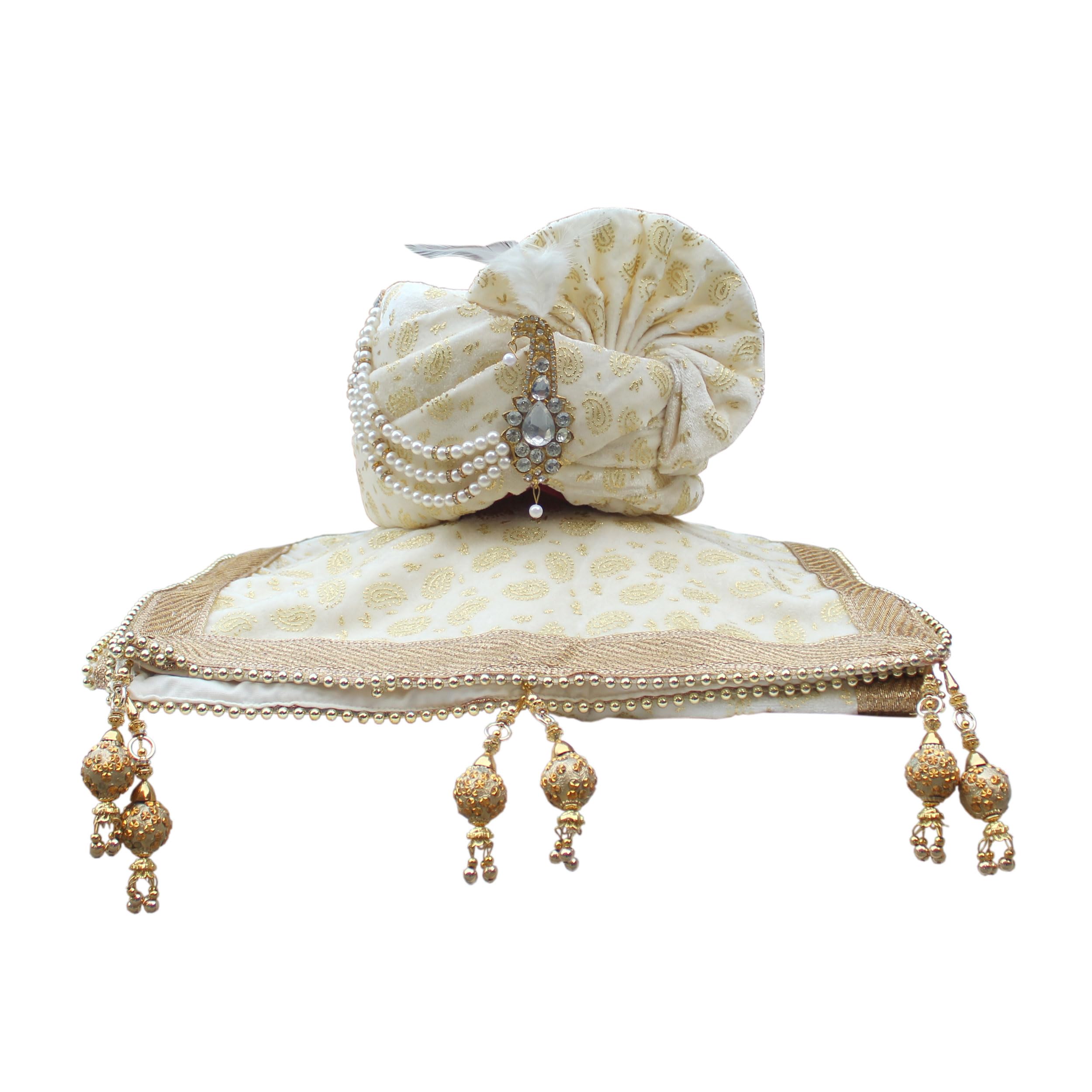 Off-White Groom's Safa & Stole Set – Traditional Dulha Pagdi with Matching Dupatta (Pagdi Size: 22 to 22.5 Inches)-image-3