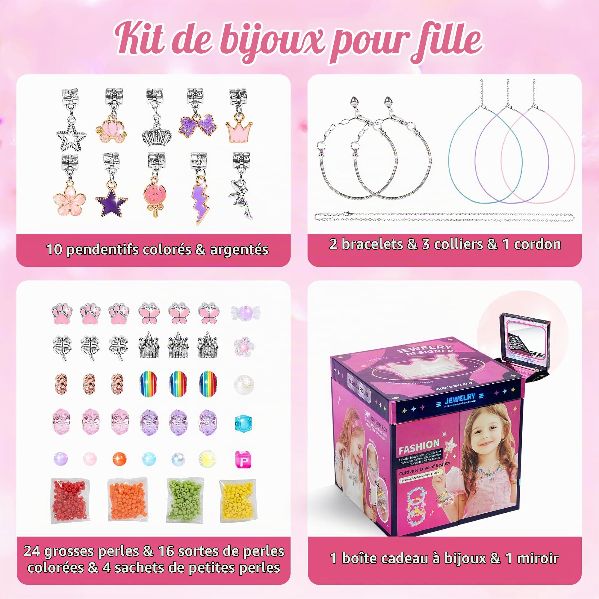 WOANZZ Kit Fabrication Bijoux Fille - Coffret Création Bracelet Breloque & Collier avec Perles, Boîte de Rangement avec Miroir, Jeu Créatif Activité Manuelle, Cadeau Fille 4 à 12 Ans, Rose