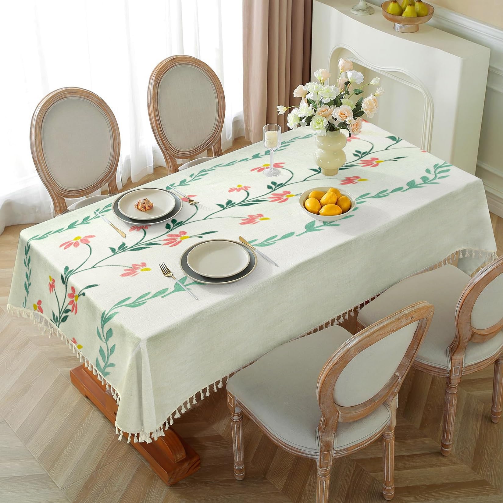 Cortina Tablecloth for Dining Table Waterproof Table Cover, Cotton Linen Fabric Rectangle Tablecloth,150L x 120W Centimeters (White Floral, 6 Seater)-image-40