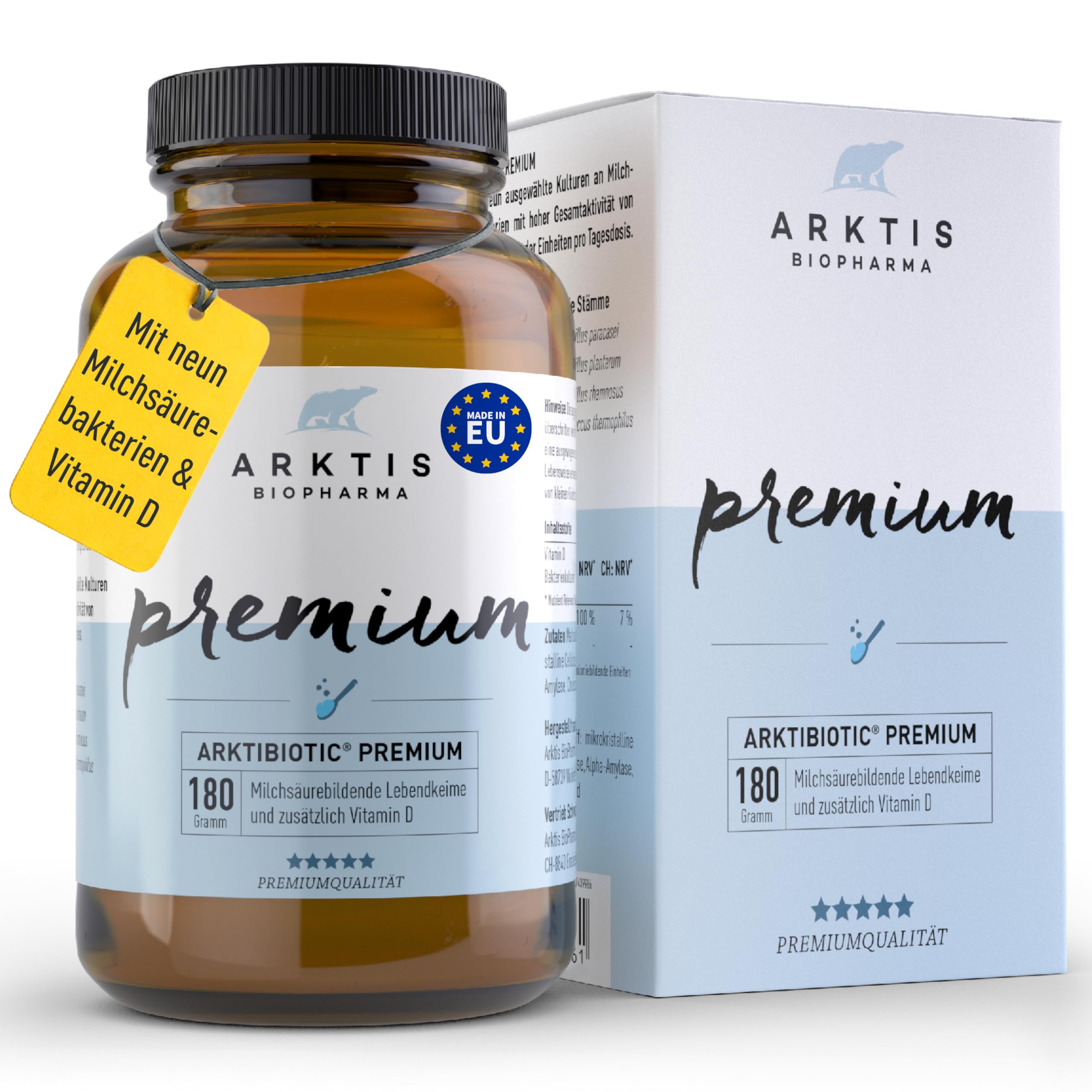 Arktibiotic Premium 180g Probiotika in Apothekenqualität + Vitamin D | Tägliche Darmkur mit 9 Milchsäurebakterien für Immunsystem & Verdauung