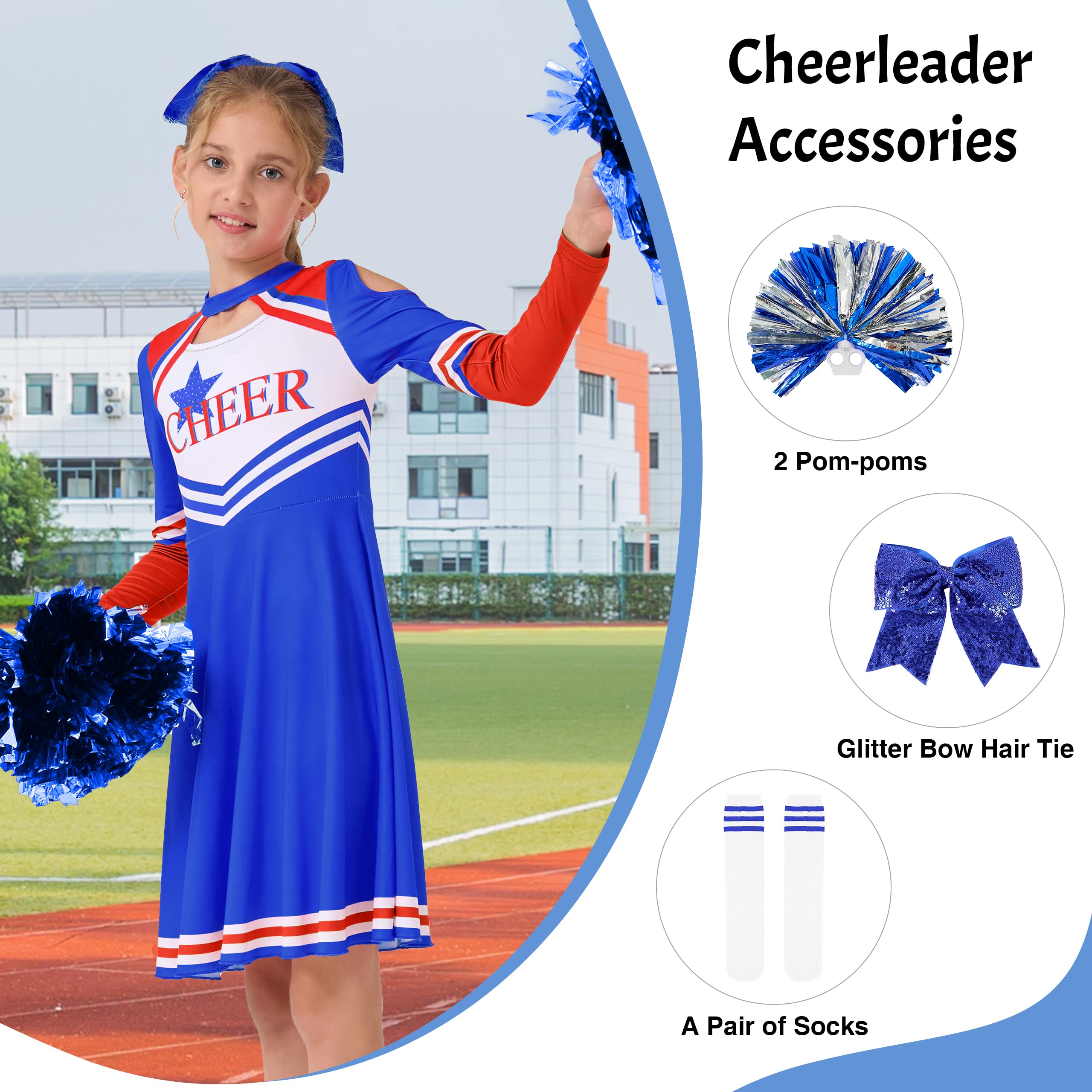 LOLANTA Costume da Cheerleader per Bambini, Vestito da Cheerleader a Maniche Lunghe per Ragazze con Pompon e Calzini, Carnevale o Evento Sportivo