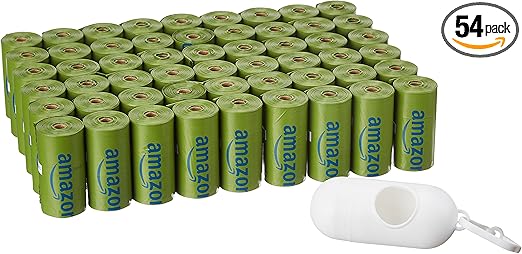 Amazon Basics Dog Poop Bags with Dispenser, 810 Count, Enhanced for Guaranteed Leakproof, Talcum Powder Scented, Includes Leash Clip