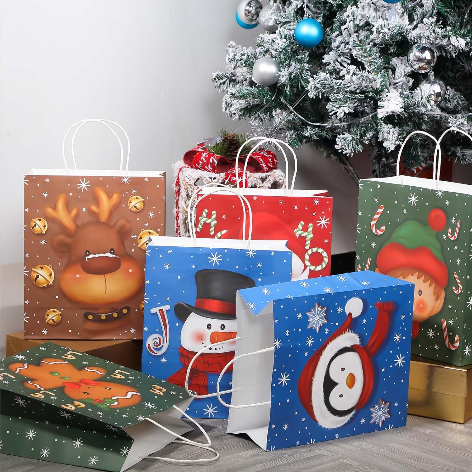 Cholemy 36 Pcs Christmas Gift Bags with Handle Xmas Kraft Paper Packaging Bulk Large Christmas Totes Bags for Candy Wrapping Holiday Party Favors