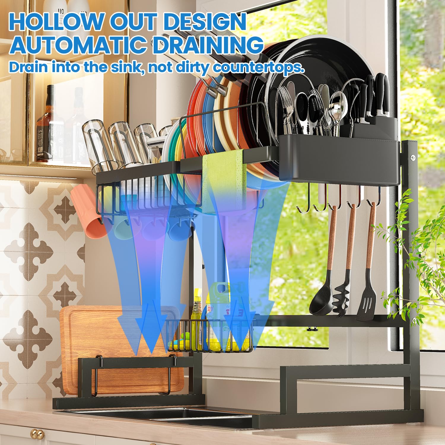 Over Sink Dish Drying Rack (Expandable Height/Length) Snap-On Design Large Dish Drainer Storage Counter Organizer