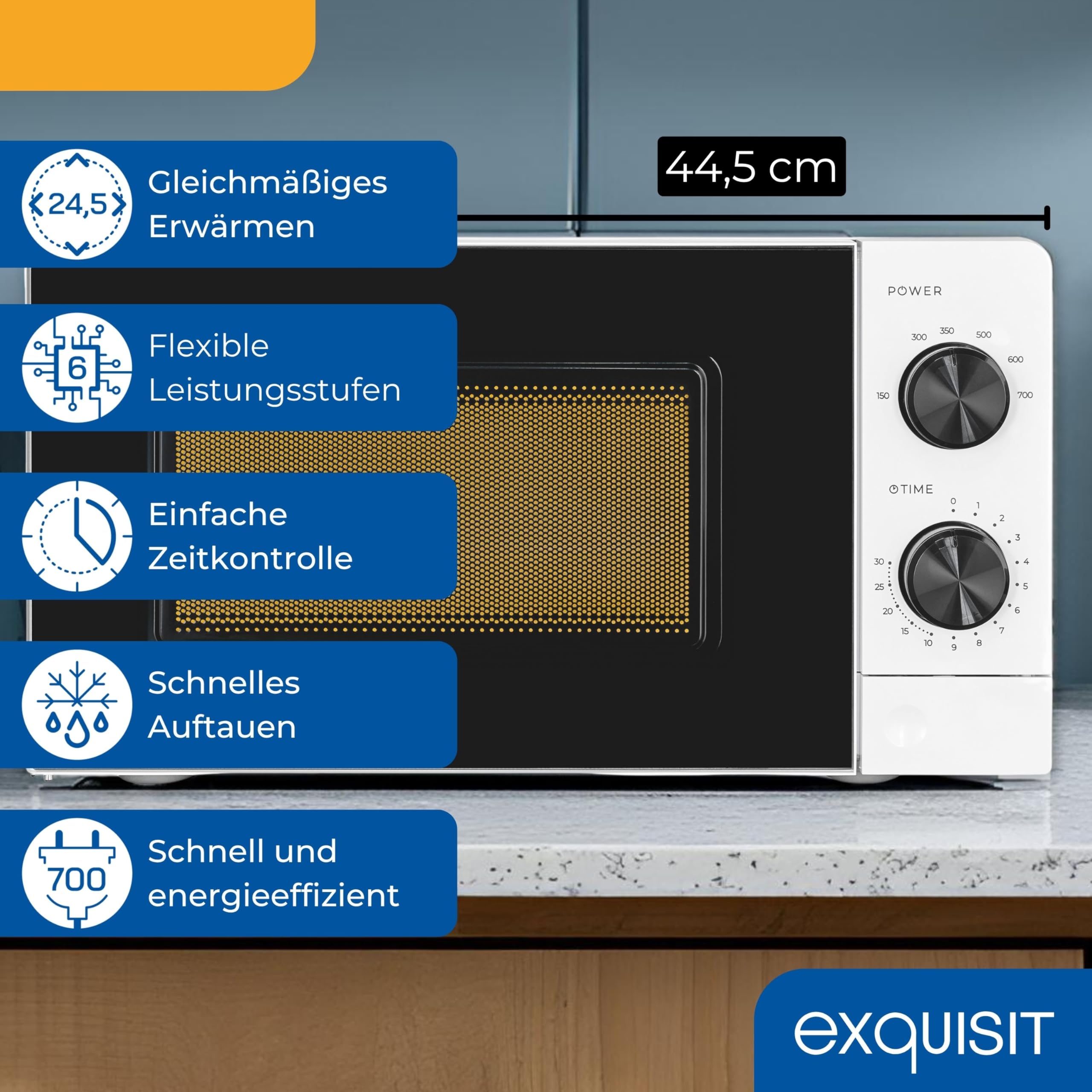 Exquisit Mikrowelle 20 l 700 W 6 Leistungsstufen Mechanische Drehregler Auftau-Programm Glas-Drehteller 245 mm