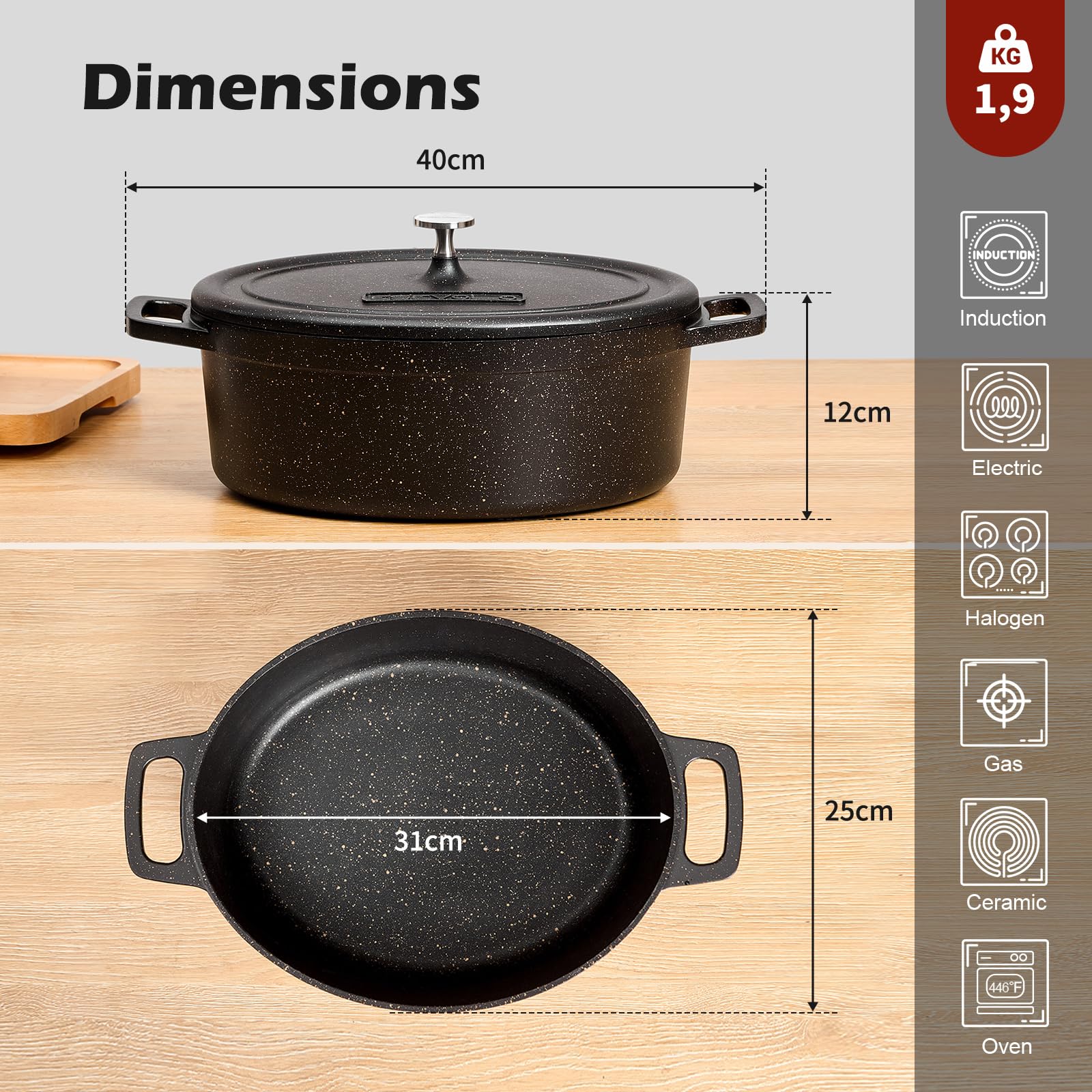 Casseruola ovale in ghisa a induzione Pentola 6,3 L 31 cm di alluminio, rivestimento antiaderente effetto pietra, nero