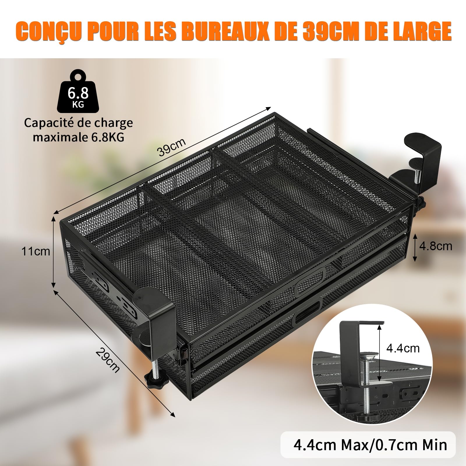 Tiroir coulissant à clipser sous le bureau | Tiroir de table en maille métallique | Rangement sous le bureau | Organiseur de bureau caché pour fournitures de bureau et accessoires de maison