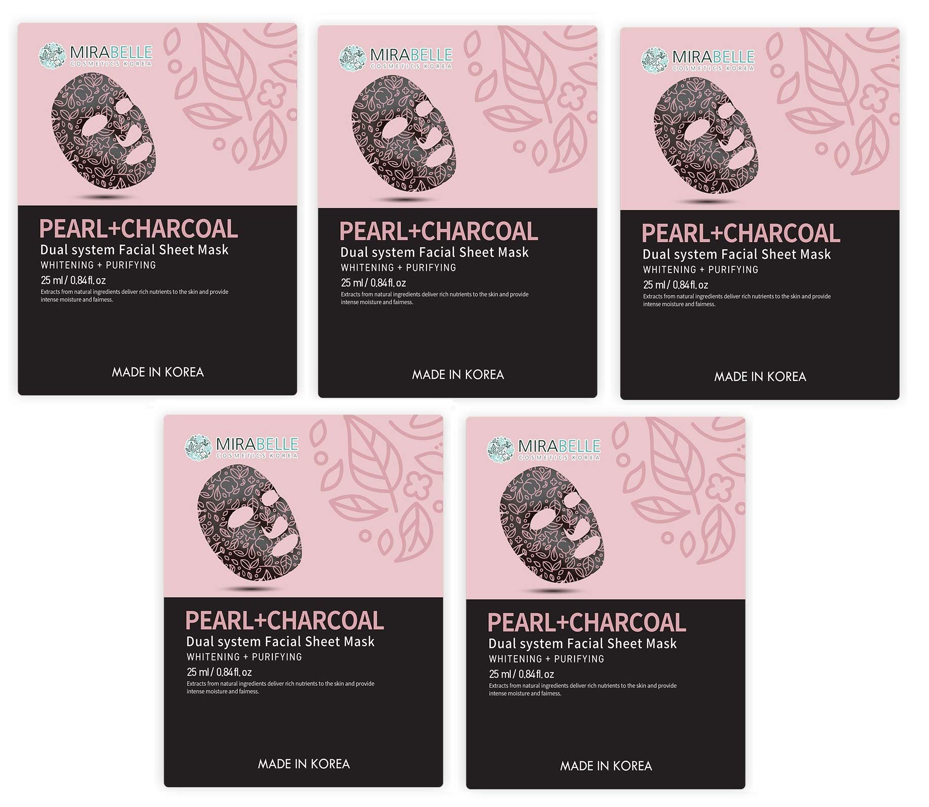 MirabellePearl+Charcoal Dual System Facial Sheet Mask Each 25ml Set of 5