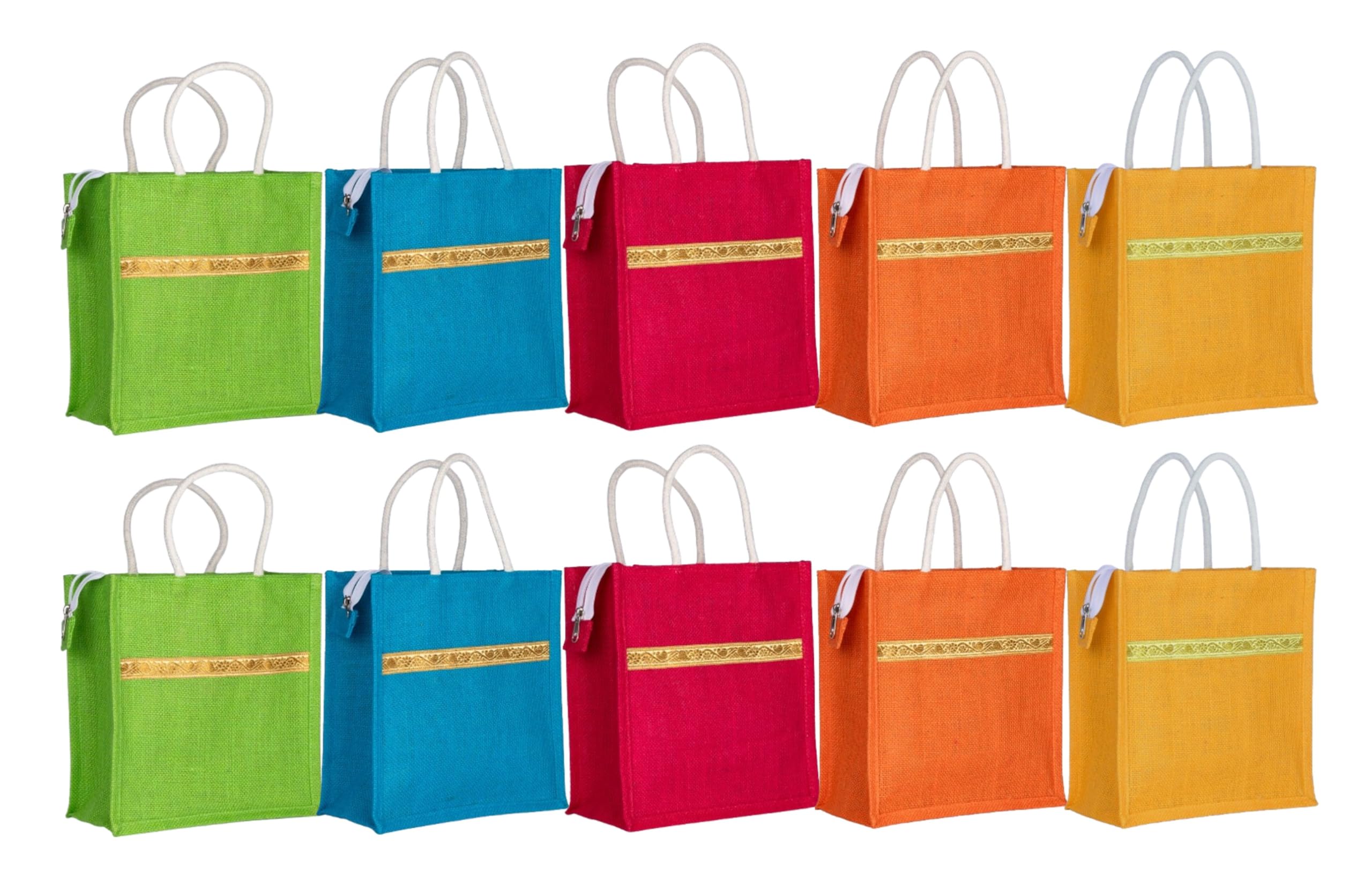 Soman Jute Ecofriendly Return Gift Bags Trendy Lace Multicolor with Zip Pack of 10 Bags