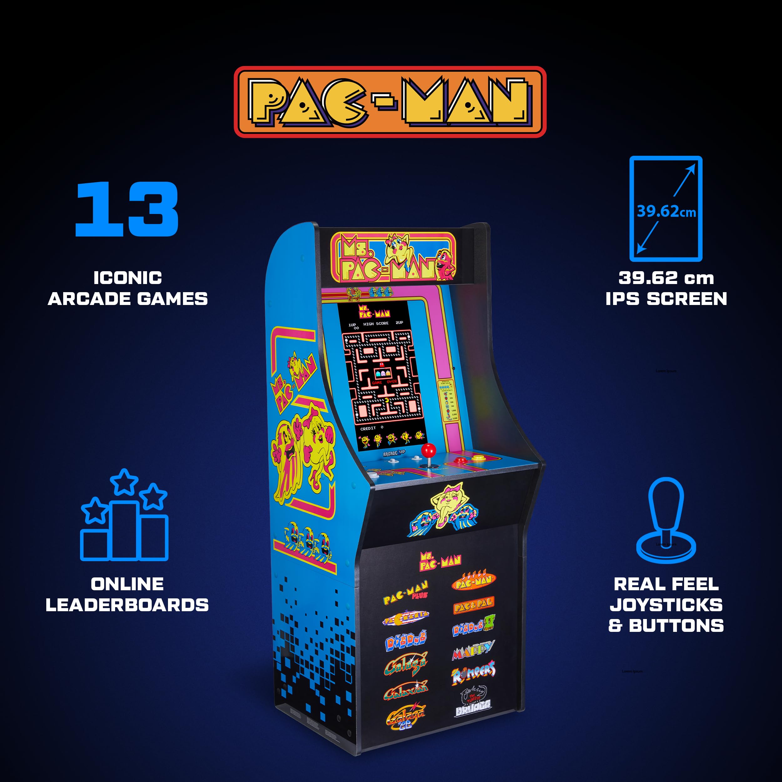 Arcade1Up Ms. PAC Man Classic SE Arcade-Spielautomat – 1,22 Meter Gehäuse, 13 Klassische Videospiele, 39,62 cm IPS-Display, einfache Montage, perfekt für Gaming zu Hause