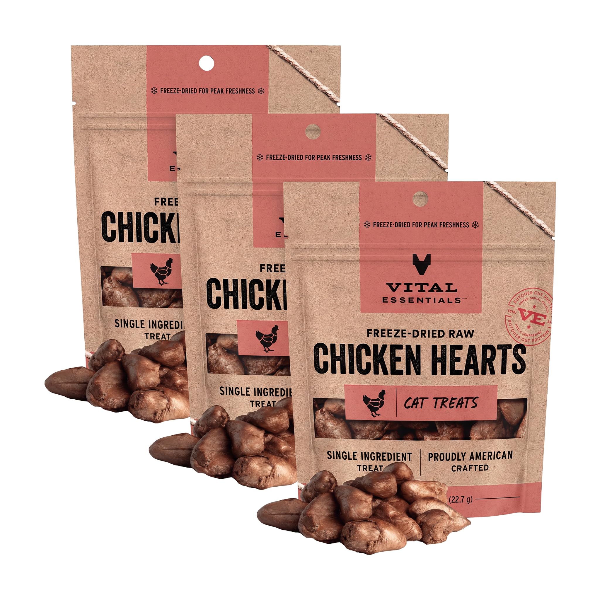 Vital Essentials Freeze Dried Raw Chicken Hearts Cat Treats | Single Ingredient | Premium Quality | Grain Free, Healthy Treats for Cats, 0.8 oz Bag (Pack of 3)