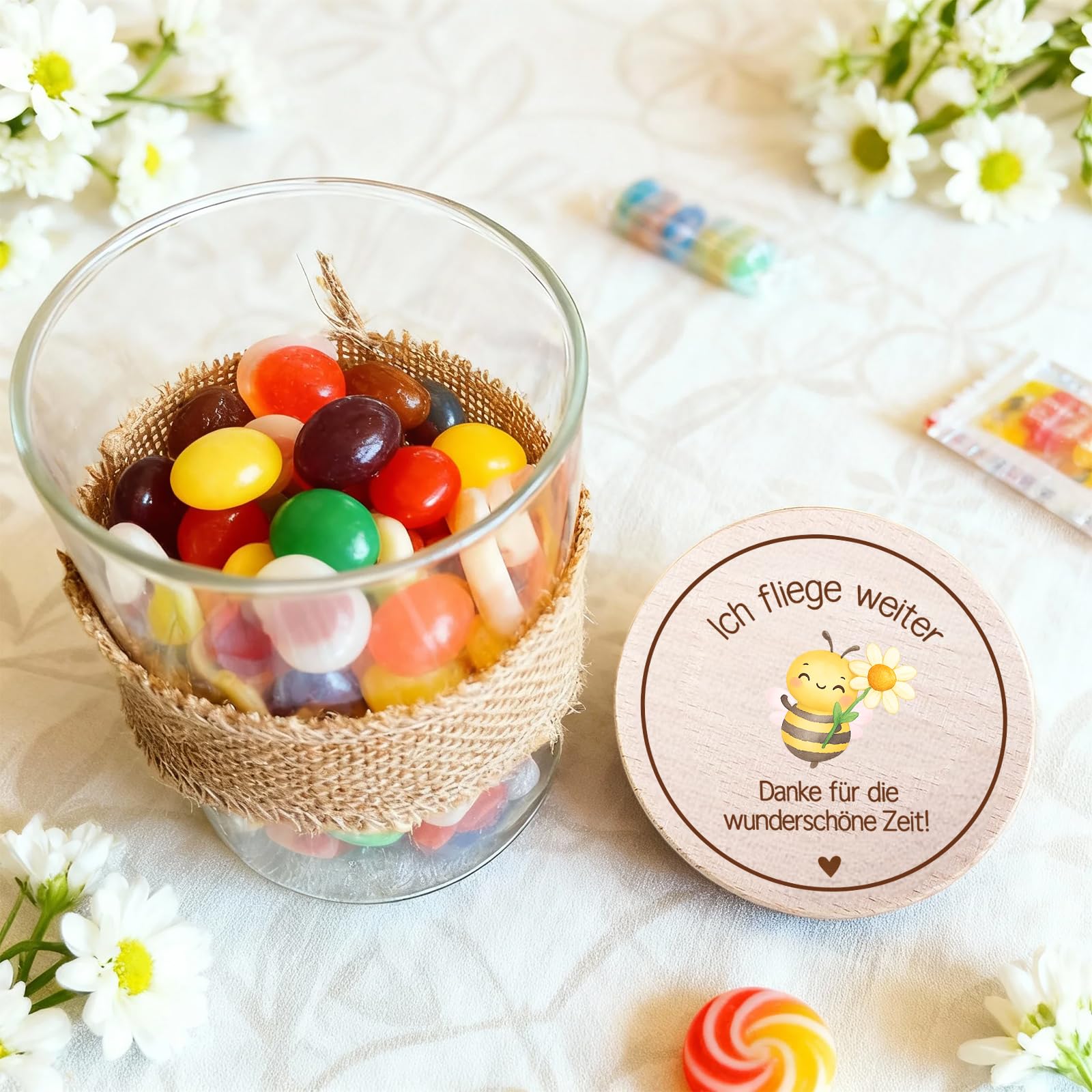 Abschiedsgeschenk Erzieherin, Vorratsglas mit Holzdeckel Biene Motiv, Geschenk Erzieherin, Bonbonglas Dankeschön Geschenk, Abschiedsgeschenk Lehrerin Tagesmutter Kita Schule