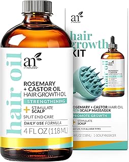 ArtNaturals Aceite orgánico para el crecimiento del cabello de romero y ricino + juego de masajeador del cuero cabelludo – Relajante del cabello para cuero cabelludo seco, picazón, engrosamiento e