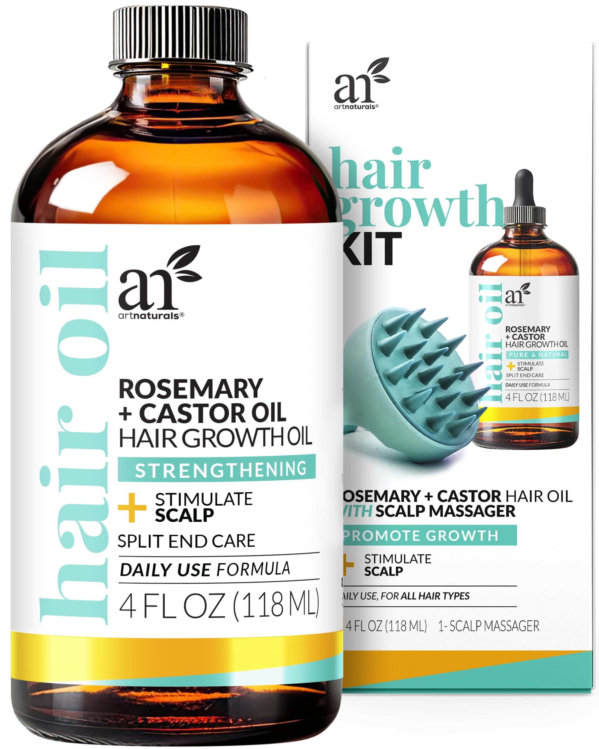 ArtnaturalsOrganic Rosemary Castor Hair Oil + Scalp Massager 118ml ounces with Coconut & Olive Oil for Dry, Damaged & Split End