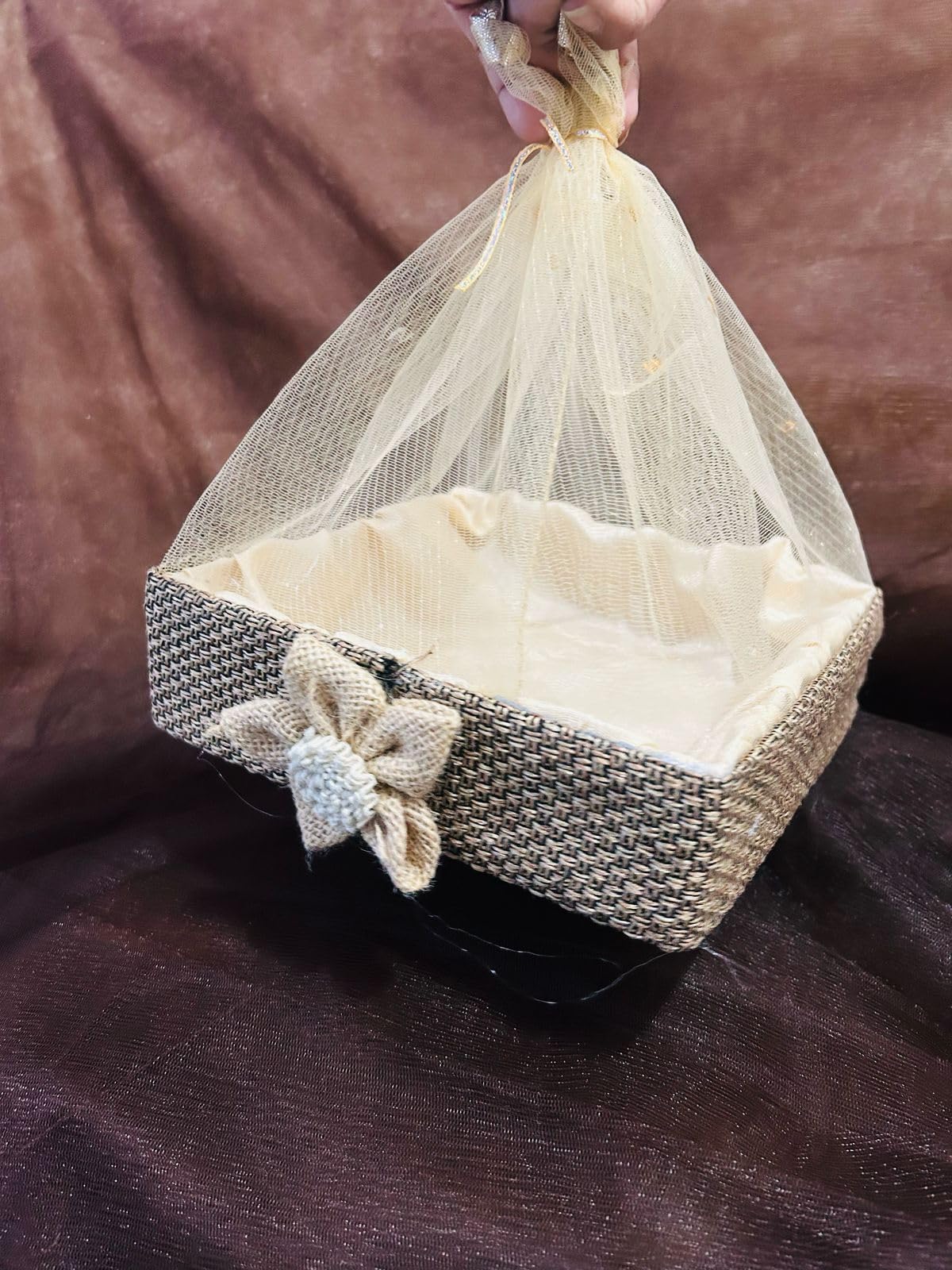 Jute MDF Decorative Gift Hamper Basket with Floral Accent | Size (8×8×2.25") – Perfect for Wedding, Shagun, and Event Gifting-image-34