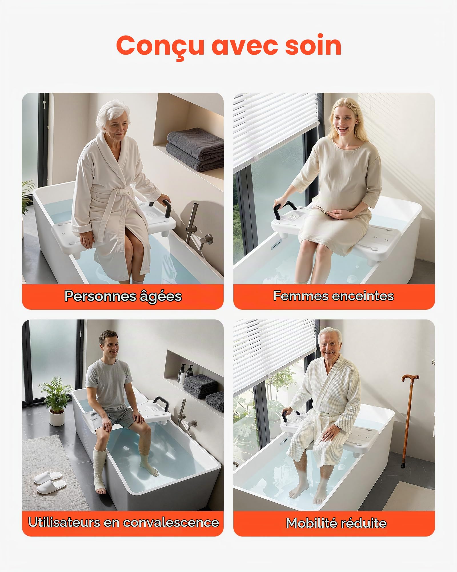 VEVOR Planche de Bain, Banc de Transfert pour Baignoire avec Poignée, Capacité de 150 kg, Pieds Antidérapants Réglables pour Adultes, Personnes Âgées et Handicapés, pour Baignoires de 41 cm à 62 cm