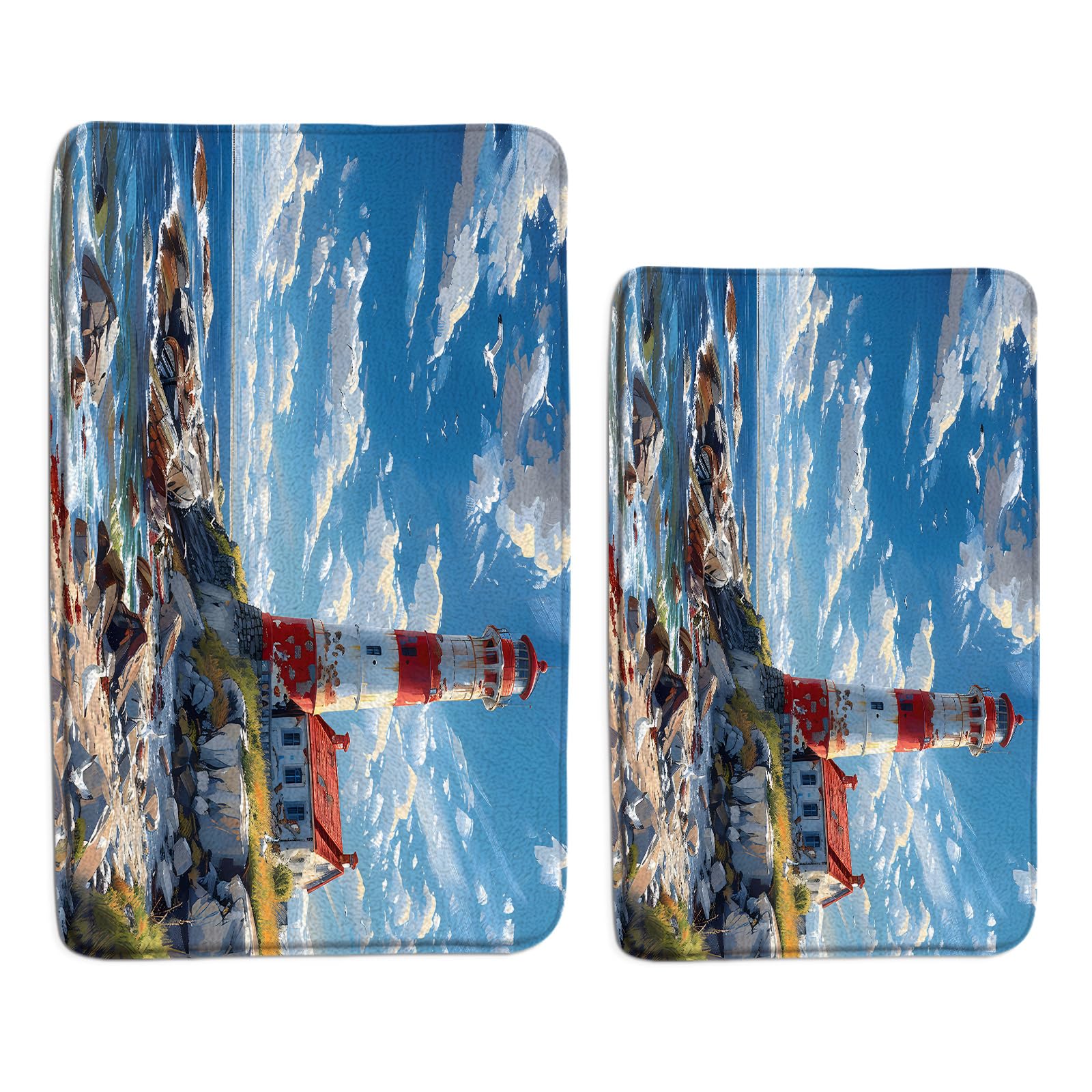 DSMEUE Ocean Lighthouse Bath Mat Coastal Nautical Beach Seaside Seascape Landscape Tropical Blue Bathroom Kitchen Rugs,16"x24" and 16"x48"