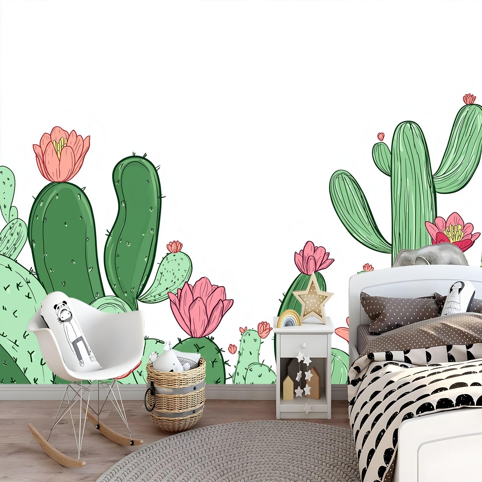 Panoramiczna tapeta botaniczna, 350 x 256 cm, ręcznie rysowana tapeta z kreskówki kaktus zielony kwiatowy XXL - plakat ścienny do salonu, sypialni dorosłych, pokoju dziecięcego i biura