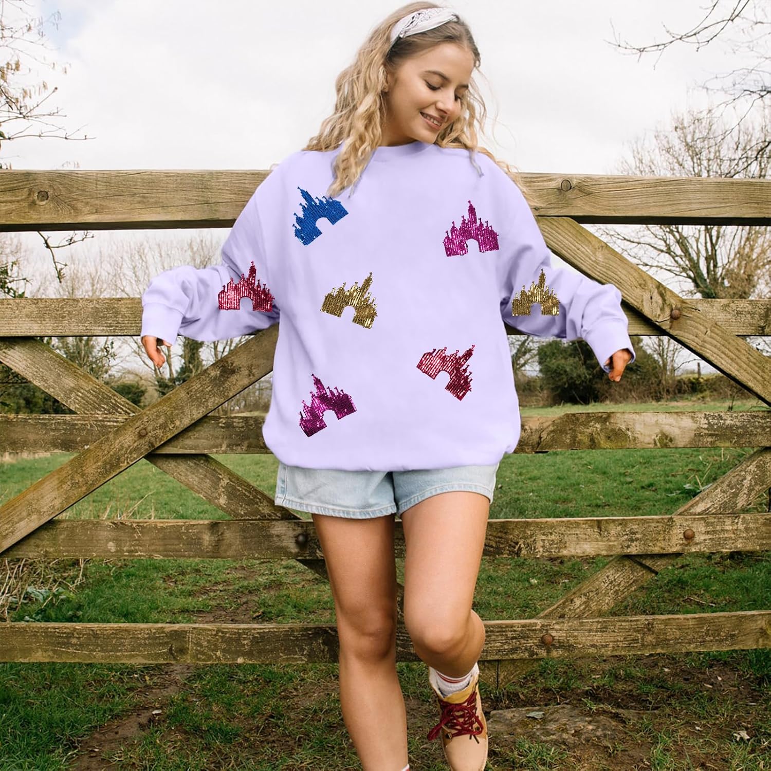 UNIQUEONE Oversized Sequins Bow Sweatshirt - Women Magic Kingdom Sweater Pastel Graphic Coquette Tee Holiday Pullover - Image 2