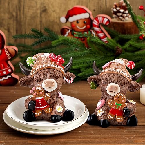 Miniatura 2 de Karenhi 2 figuras de vaca de las tierras altas de Navidad, hombre de jengibre, gnomos de vaca de las tierras altas, estatua de resina escocesa para