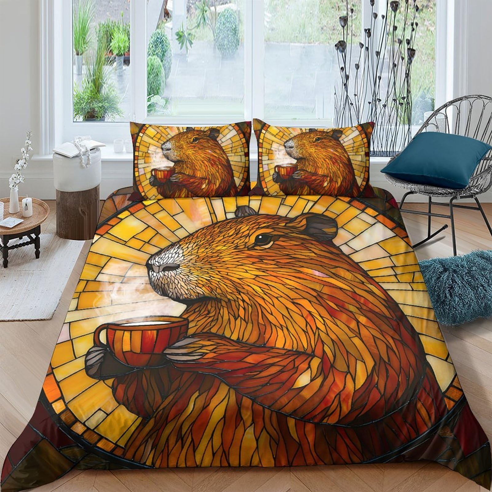 Ctjqhvkz Style-9 3D Printed Capybara Coffee Fitted Sheet Microfiber Soft Breathable Sunburst Bed Cover For Bedroom Dorm Mattress Decor Single（135X200cm）
