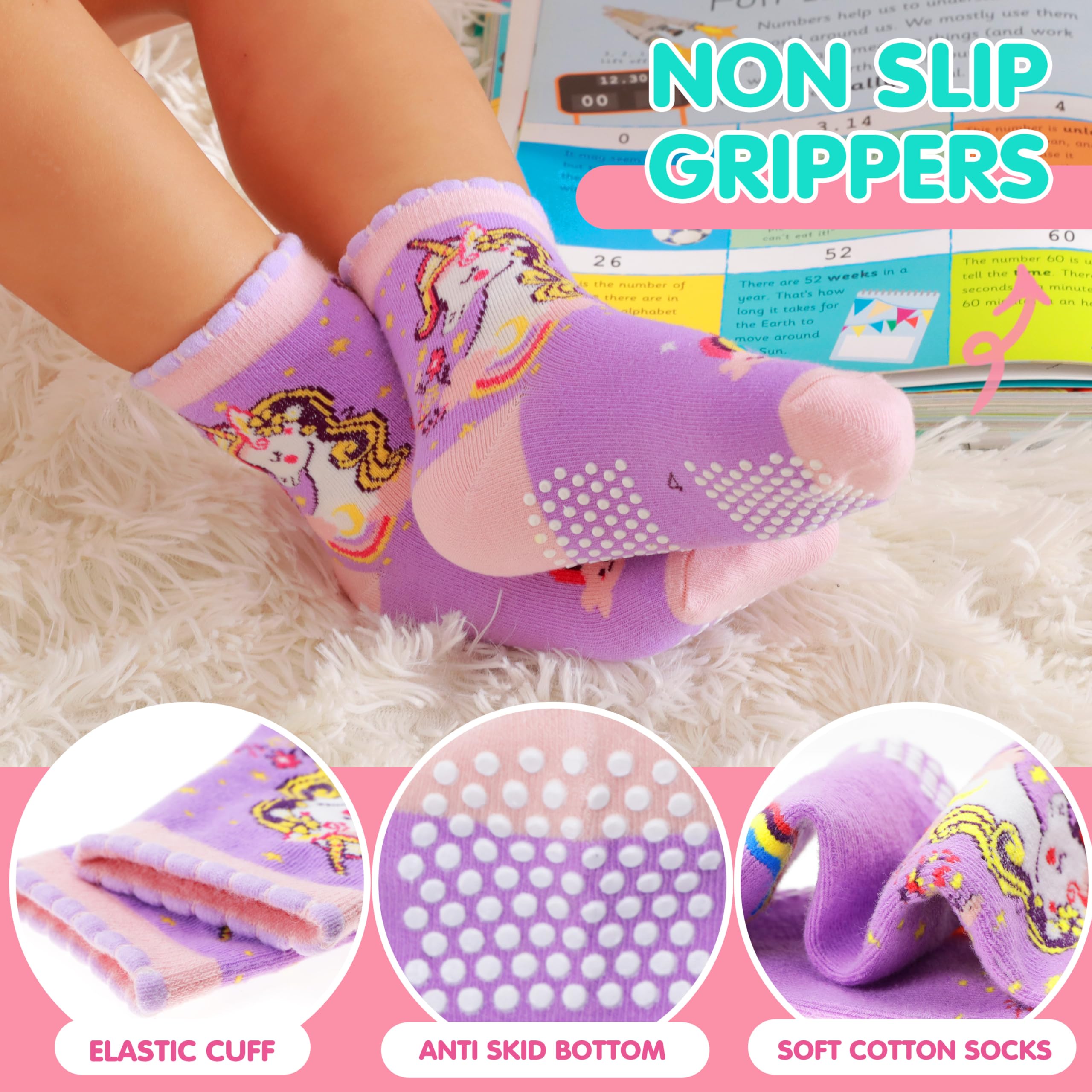 Welwoos 12 Paia Calzini antiscivolo bambina in cotone calze bambine ragazze da 1-8 Anni, Modello divertente