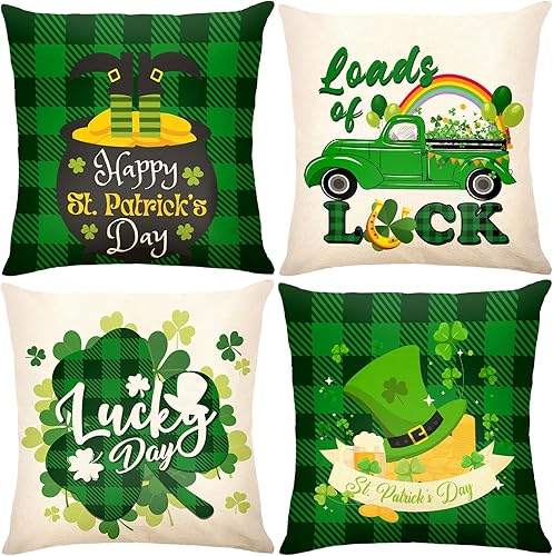 Juego de 4 fundas de almohada para decoración del Día de San Patricio de 16 x 16 pulgadas, juego de 4 fundas de almohada con dijes de la suerte,