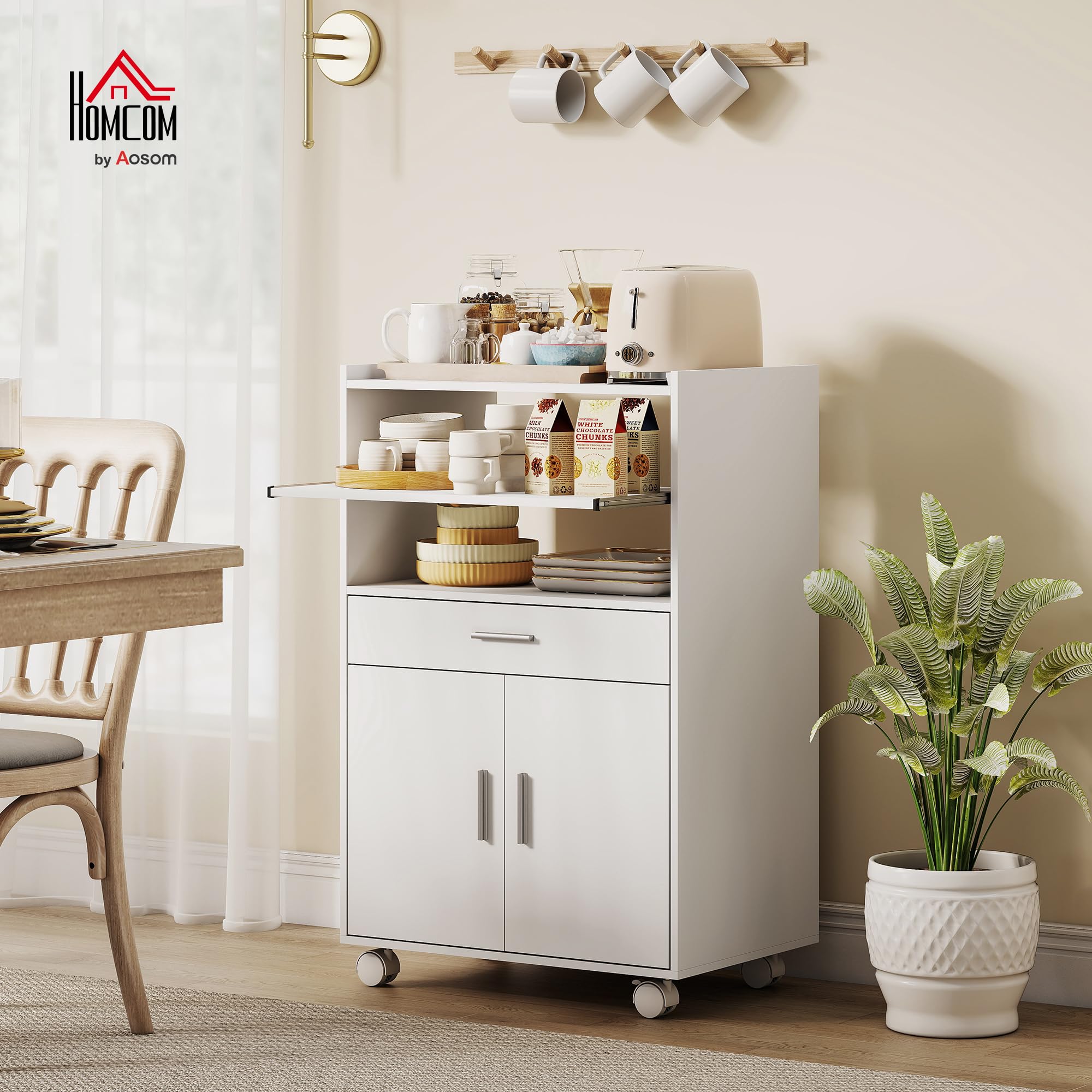 HOMCOM Mobile Microonde con Ruote, Credenza Cucina con Cassetto, Piano per Elettrodomestici, Armadietto a 2 Ante, Ripiano Estraibile e Ripiano Aperto, Carrello Cucina per Soggiorno, 59x40x92cm, Bianco