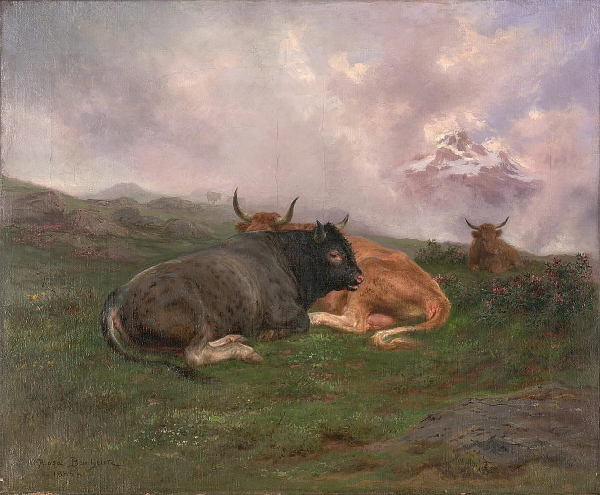 Posteriik No Frame Vintage Print Pop Art Landscape Artwork Cattle At Rest On A Hillside In The Alps By Rosa Bonheur Art Prints For Office Home Decor 60X90cm