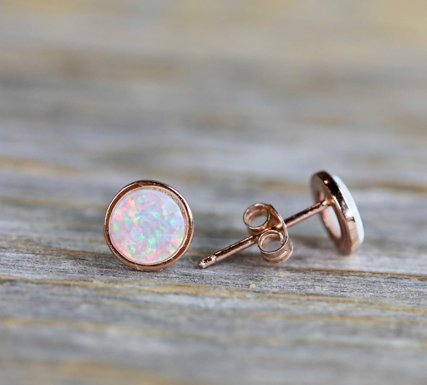 White Opal Stud Earring- 7mm-14k ROSE Gold Sterling Silver- Mothers Day- Graduation- Teacher Gift Idea - Image 2