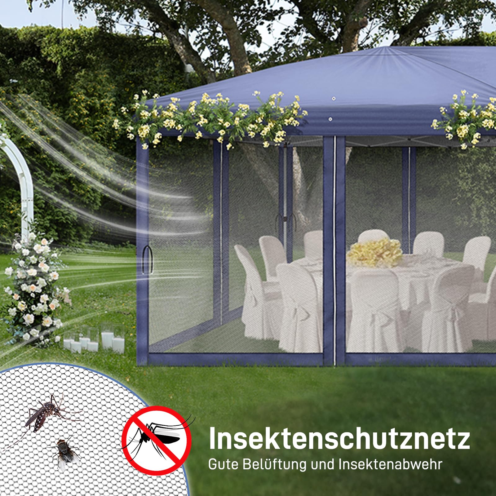 LEADZM - Carpa plegable 3 x 6 m - Impermeable - Protección UV 50+ - Ajustable en altura con 6 mosquiteros - Estable - Ideal para jardín, terraza, camping y uso comercial - Azul