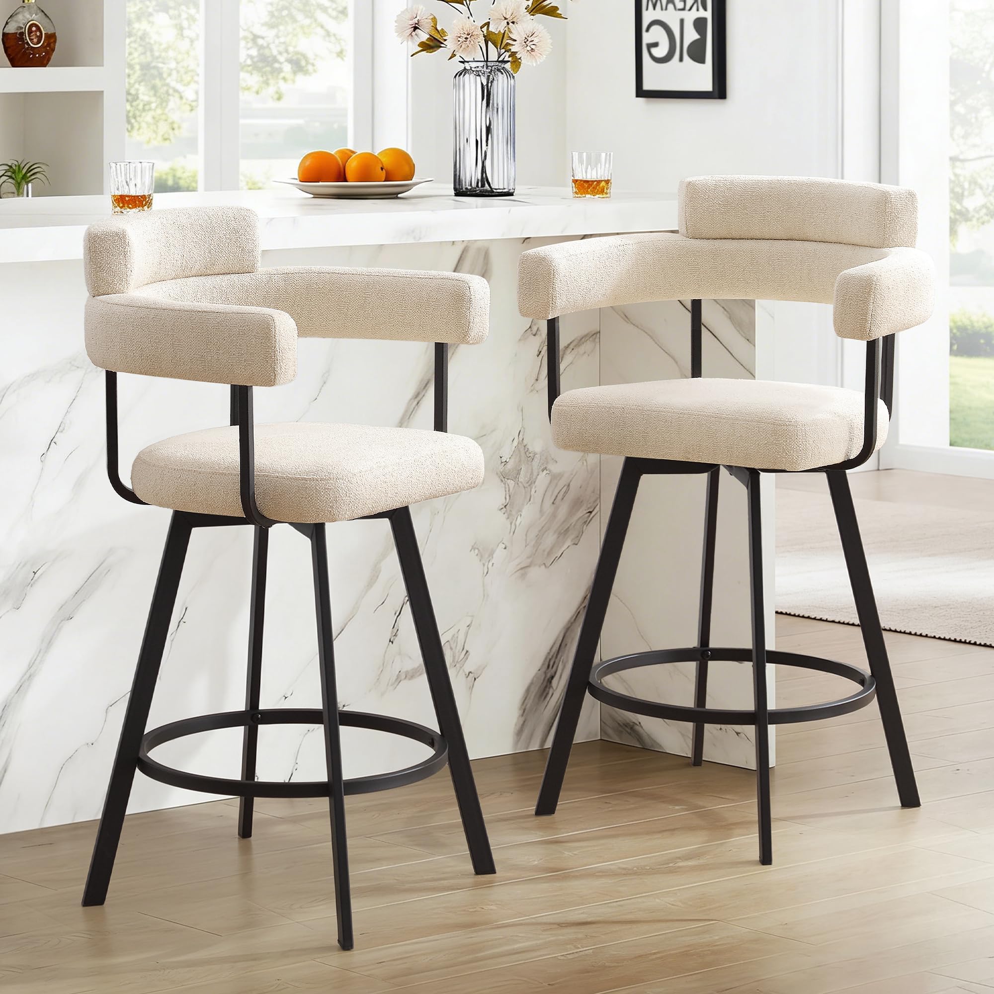 26’’ Swivel Counter Height Stools with Round Back, Fabric Upholstered Bar Stools with Metal Legs, Armrest, Modern Counter Stools for Kitchen Island, Dining Room (Beige, Set of 2)