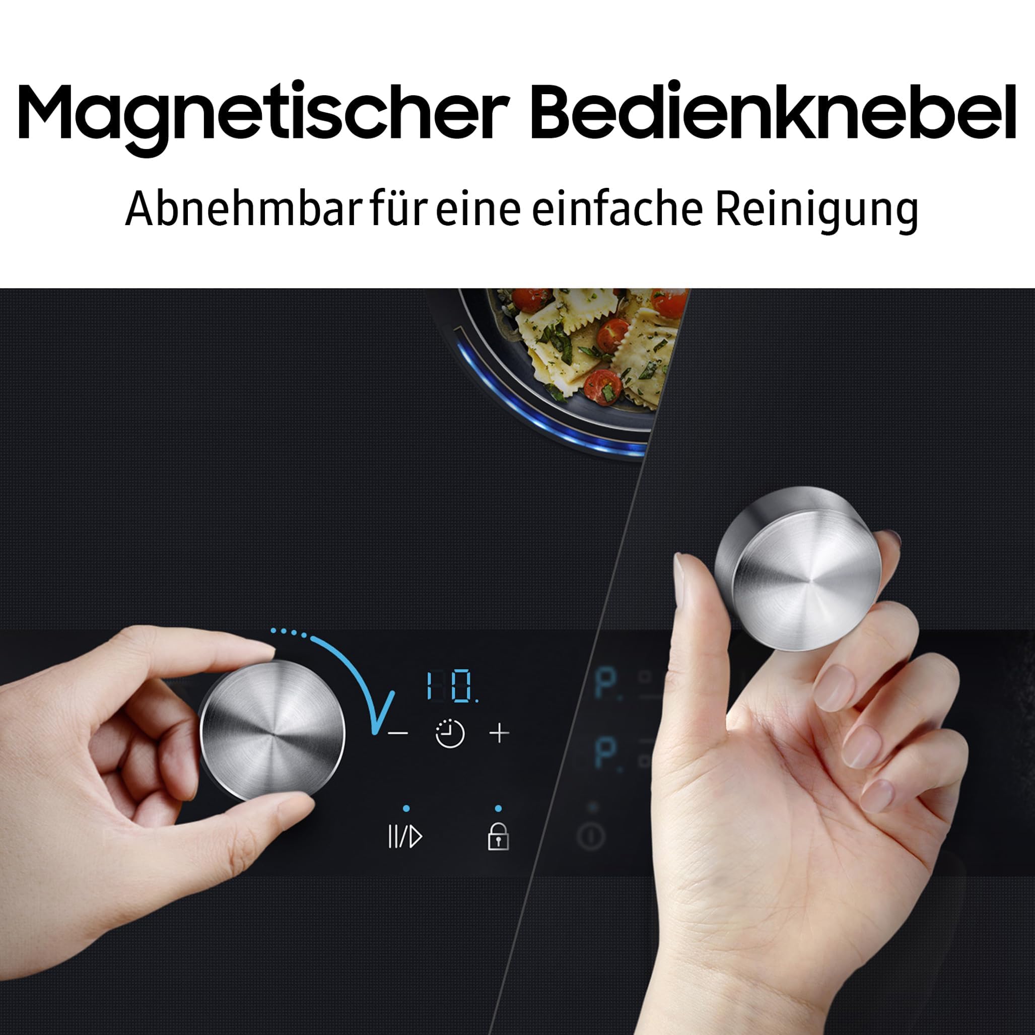 Samsung Autarkes Induktionskochfeld, 80 cm große Herdplatte, Slim Fit, Magnetischer Bedienknebel und Sensortasten mit Slider, Wi-Fi-Steuerung, Flex Zone Plus, NZ85C6058HK/U1