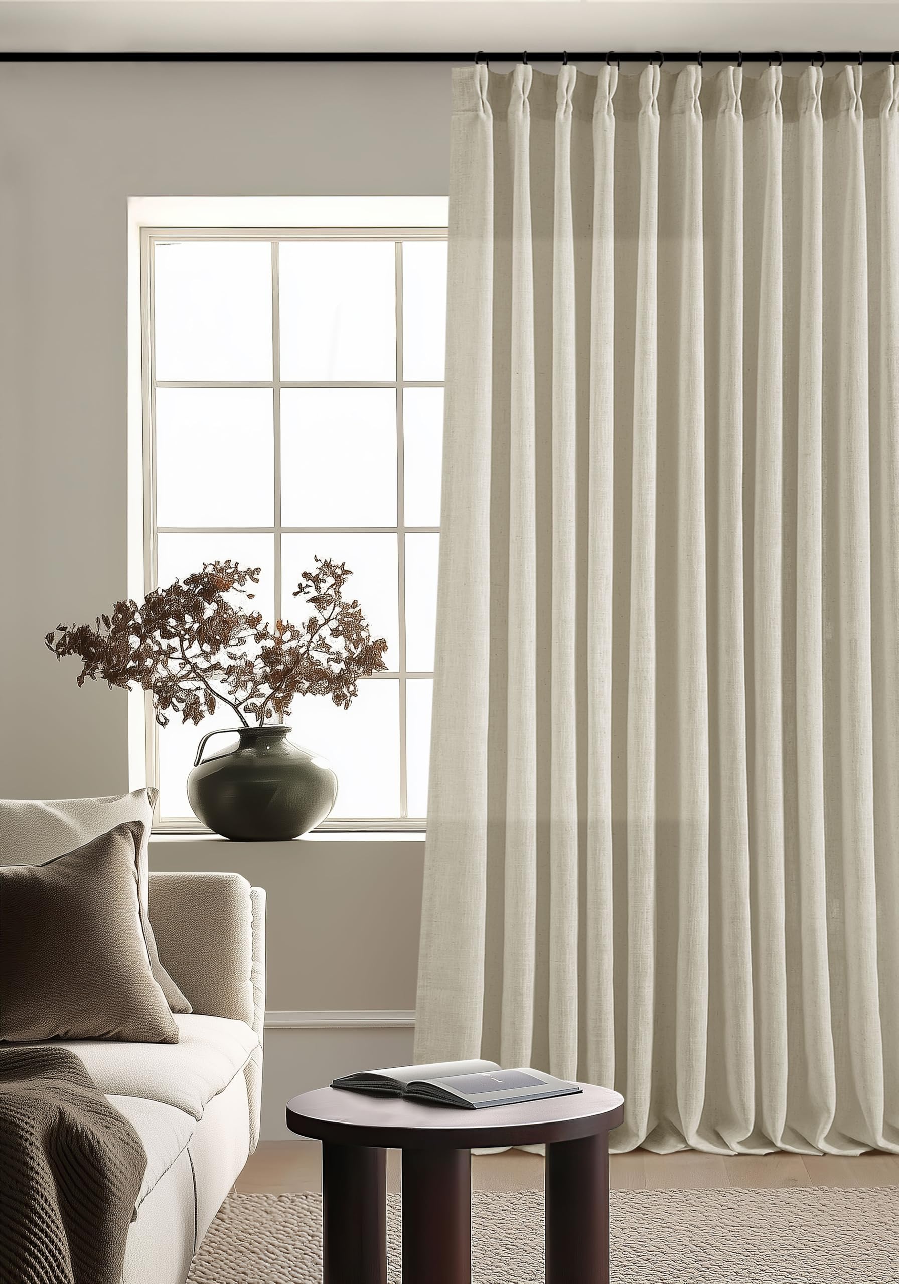 Pinch Pleat Extra Wide Beige Linen Curtain 120 Inches Long 70 Wide 1 Panel