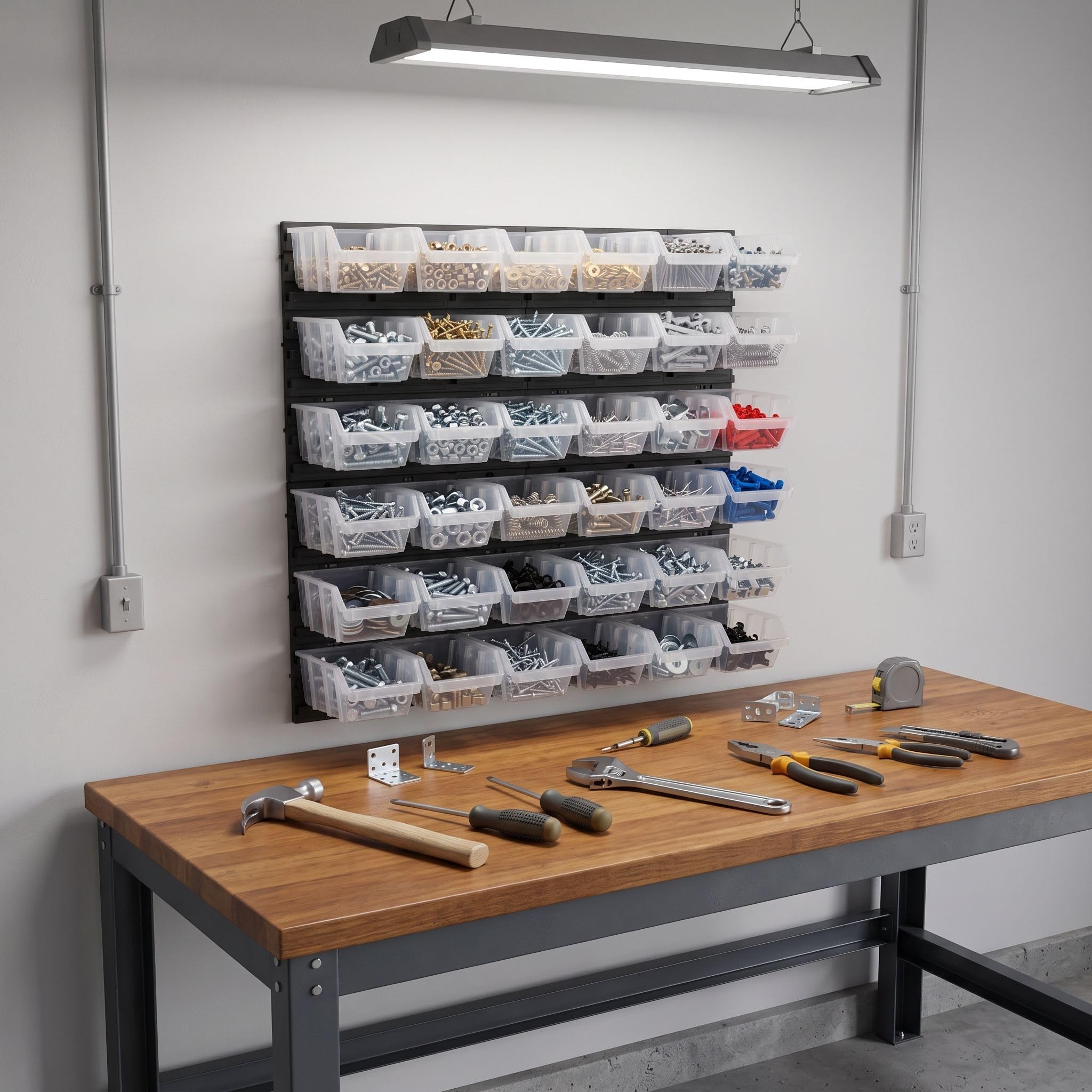 Étagère murale d'atelier avec 36 boîtes de tri transparentes, système de rangement pour vis, écrous et petites pièces, plastique, 78 x 78 cm, boîtes 190 x 123 x 90 mm, jusqu'à 20 kg, pour garage