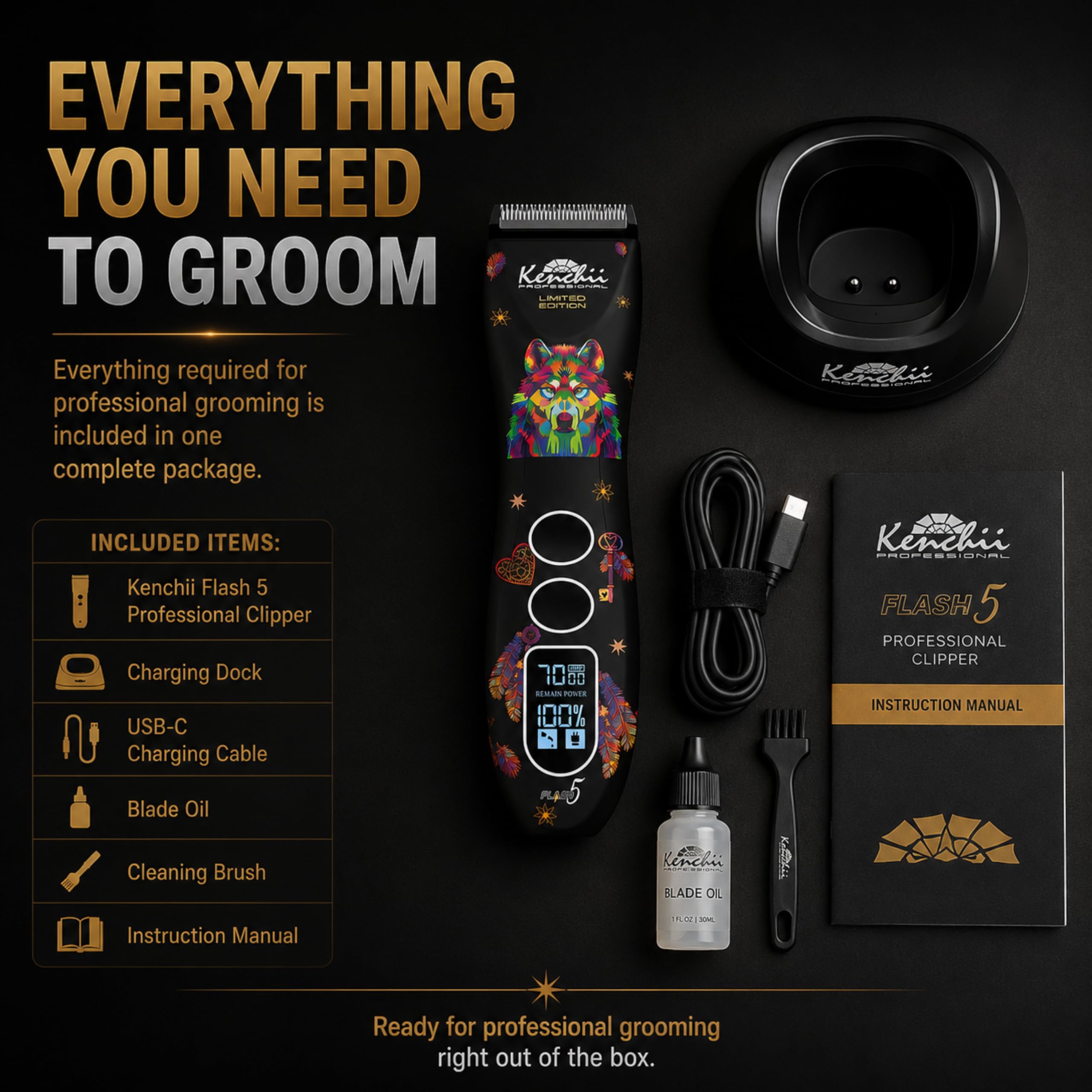 Kenchii Flash 5 Tosatrice per cani Wolf Edition Black, senza fili