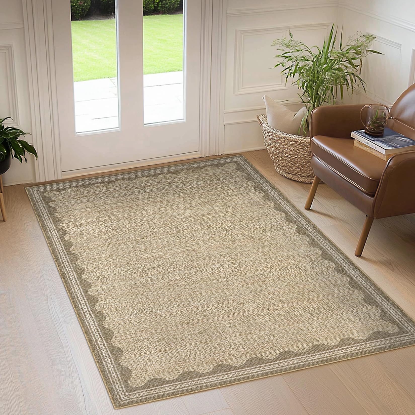 CAREMEE Scalloped Rug 4x6 Rugs for Entryway, Small Area Rugs Solid Jute Rug for Bedroom Girls, 4x6 Washable Rugs for Living Room, Non Slip Scalloped