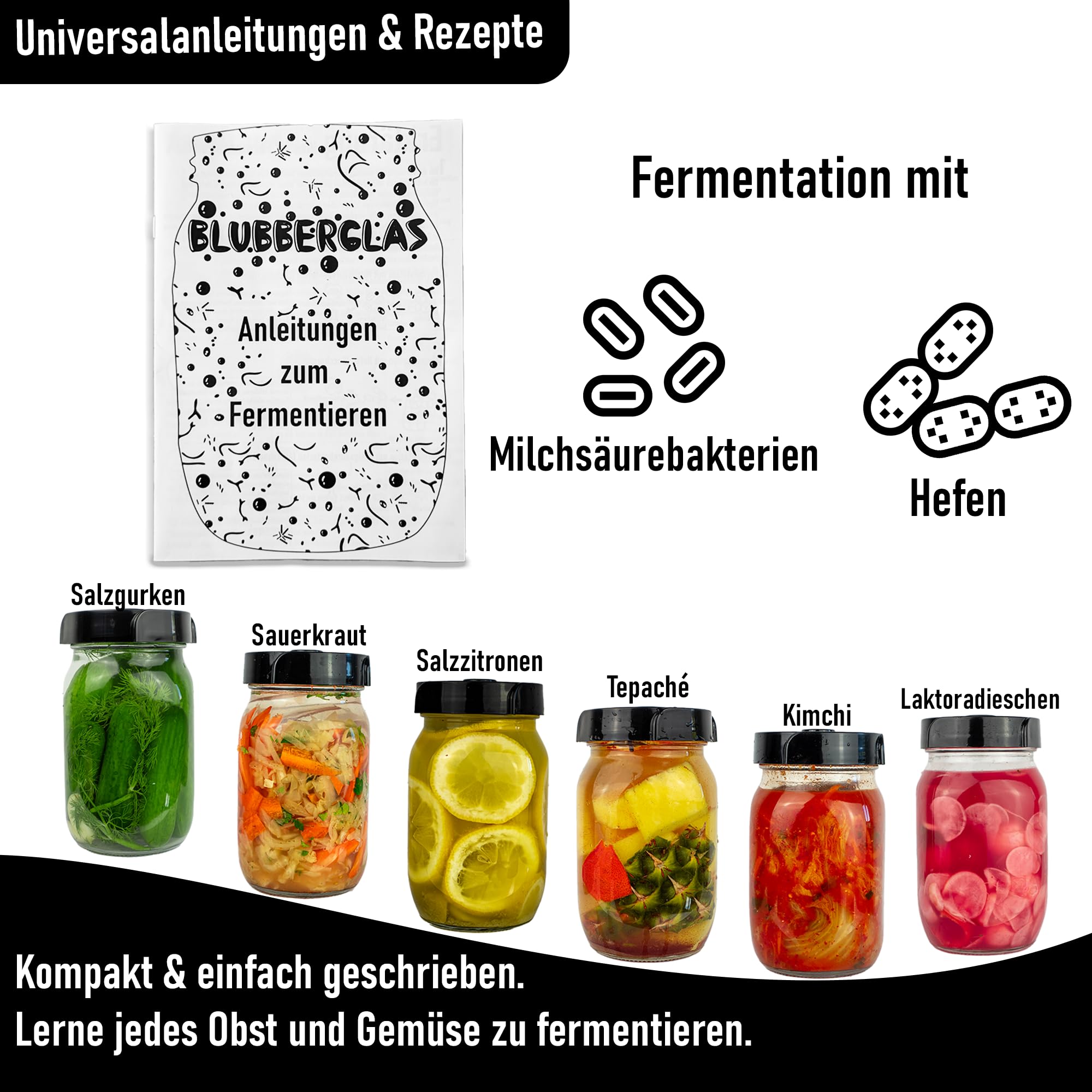 Fermentationskit Basic (1L Wide Mouth) – Gärset für Sauerkraut & Kimchi – Fermentierglas mit Gärspund-Deckel & Glasgewicht – Das Einstiegs-Set