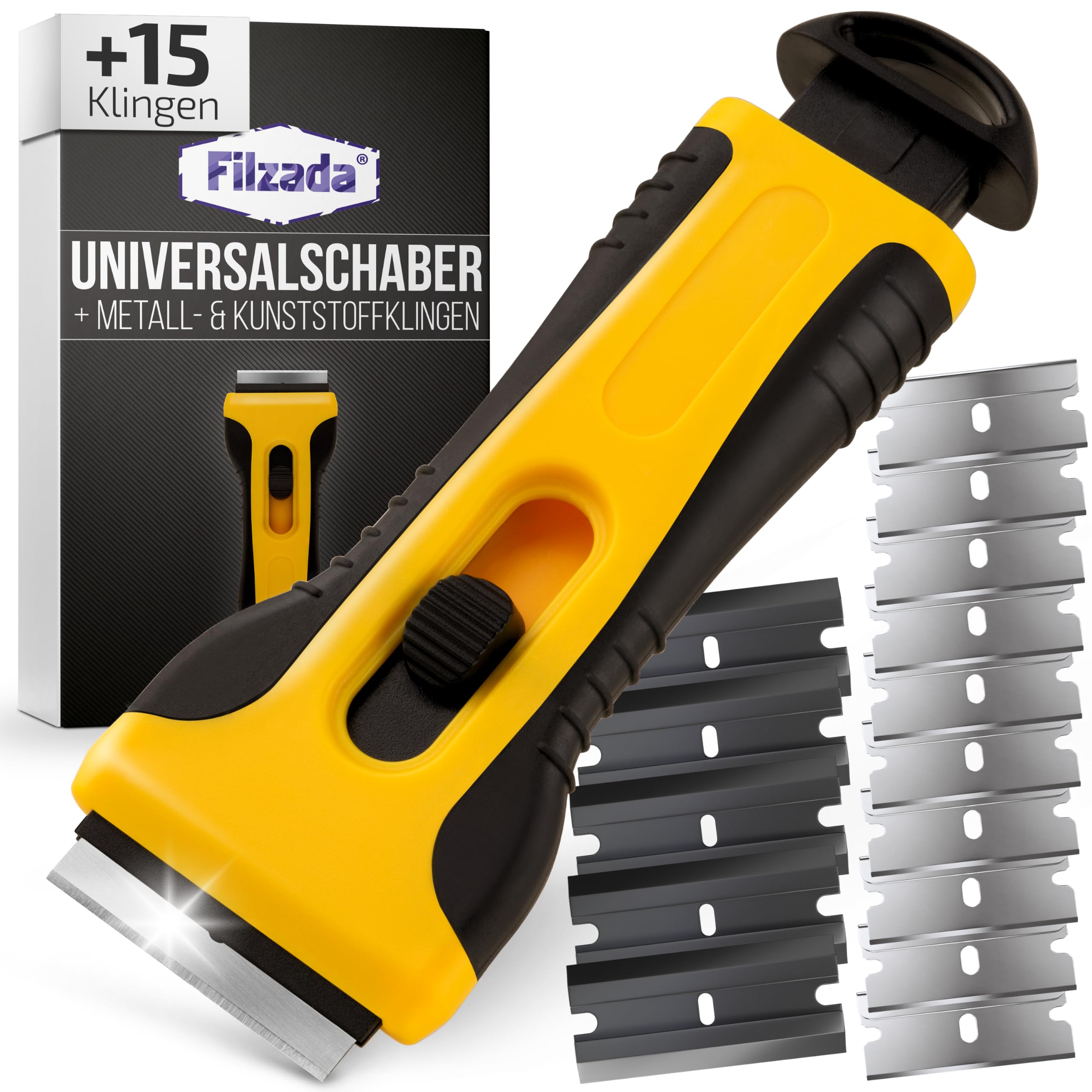 Filzada® Küchenschaber Grau + 15 Schaber Klingen - Glasschaber Kochfeld Set | Glaskeramik Schaber, Herd Kratzer, Backofen - Klingenschaber Scraper Premium - 10x Metall- & 5x Kunststoffklingen