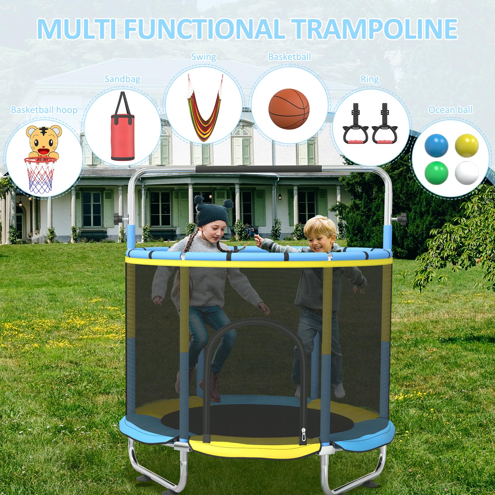 Trampolín para niños, 60 pulgadas para interiores y exteriores, con barra de gimnasia ajustable y aro de baloncesto, regalo de juguete para niños y niñas