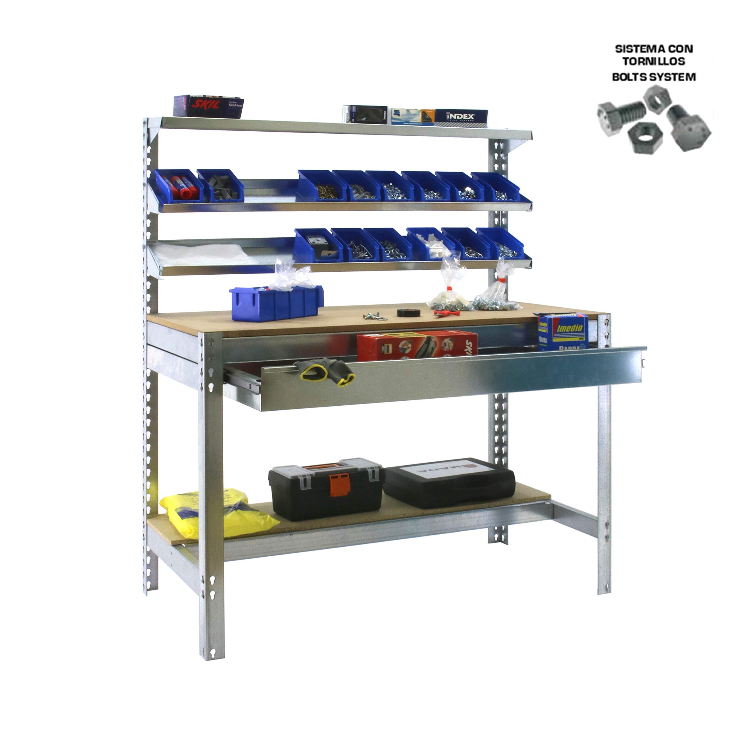 Simon Rack Banco de Trabajo con 3 repisas y cajón 910x610 mm - BT1 | Capacidad Carga 400 kg, Pintura anticorrosión, Galva , Montaje sistema clic