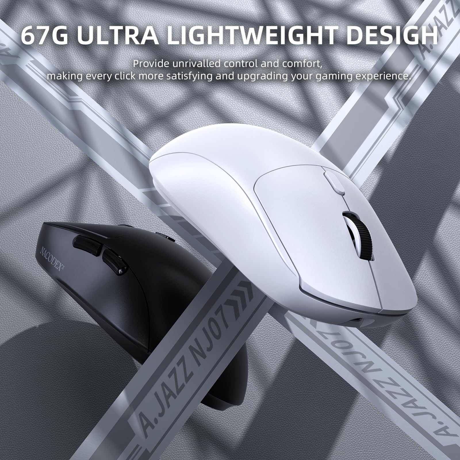 A.JAZZ SUPERLIGHT NJ07 Mouse Wireless Per Computer, BT/2,4G/USB-C, Leggero 67g, 12800 DPI, Batteria da 300 mAh, 1K Polling Rate, Ergonomico, Mouse da Gioco Ufficio Silenzioso e Senza Fili - Bianco