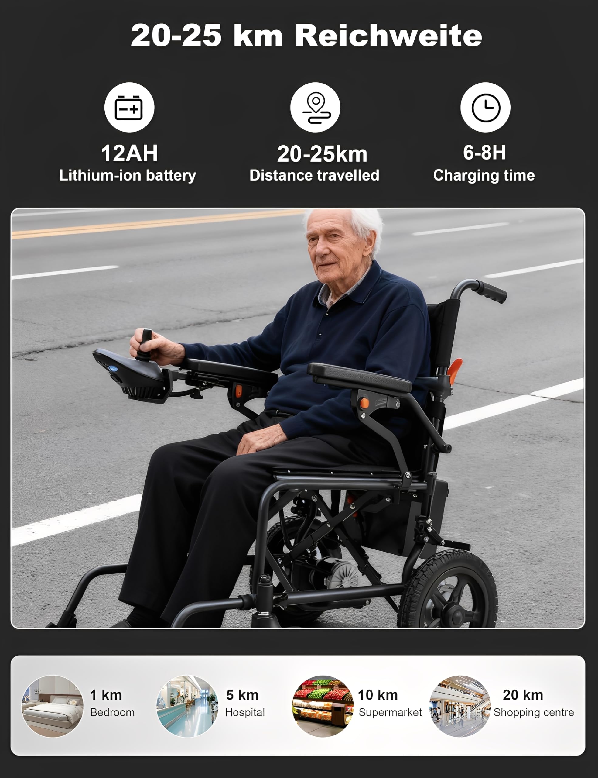Fauteuil Roulant Electrique Pliable Ultra Leger 14.5KG Chaise Roulante Electrique pour 120kg Fauteuil Electrique Handicape (10AH)
