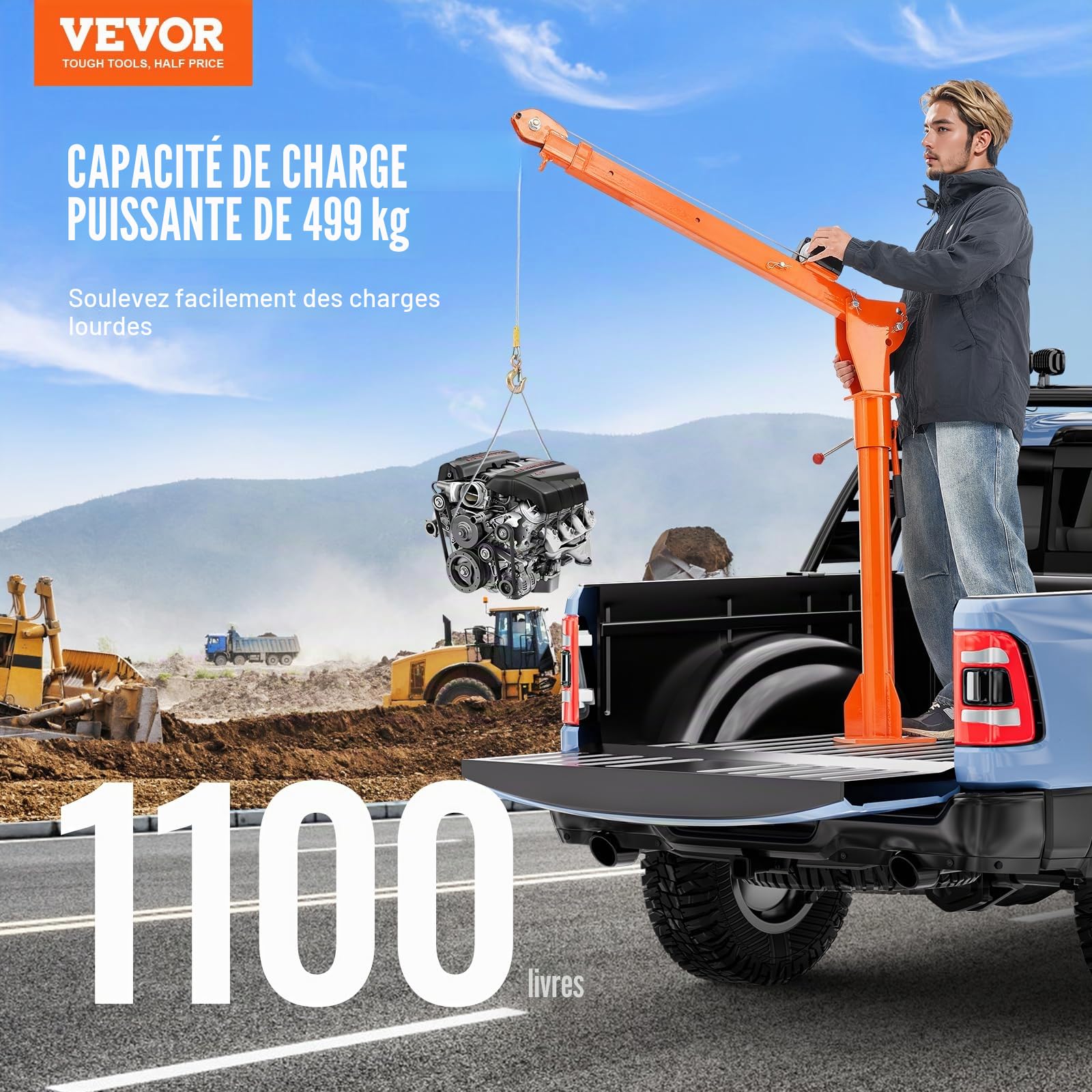 VEVOR Grue de levage électrique pour camionnettes, 499 kg, grue montée sur attelage avec treuil électrique de 1587 kg, en acier, pivotante à 360°, pour levage de marchandise dans construction, usine