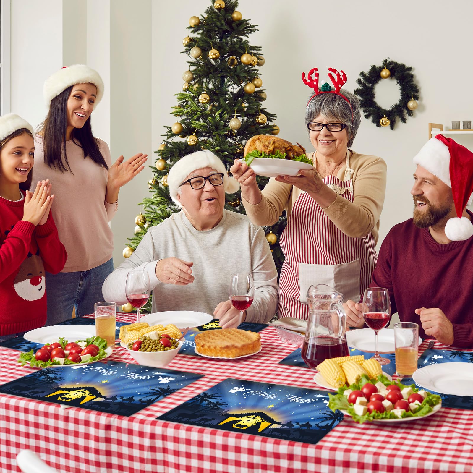 OBUSATT 100 manteles individuales de papel de Navidad con diseño de noche santa, para belén, color azul, manteles individuales de cocina para vacaciones, fiesta de invierno, decoración de mesa de