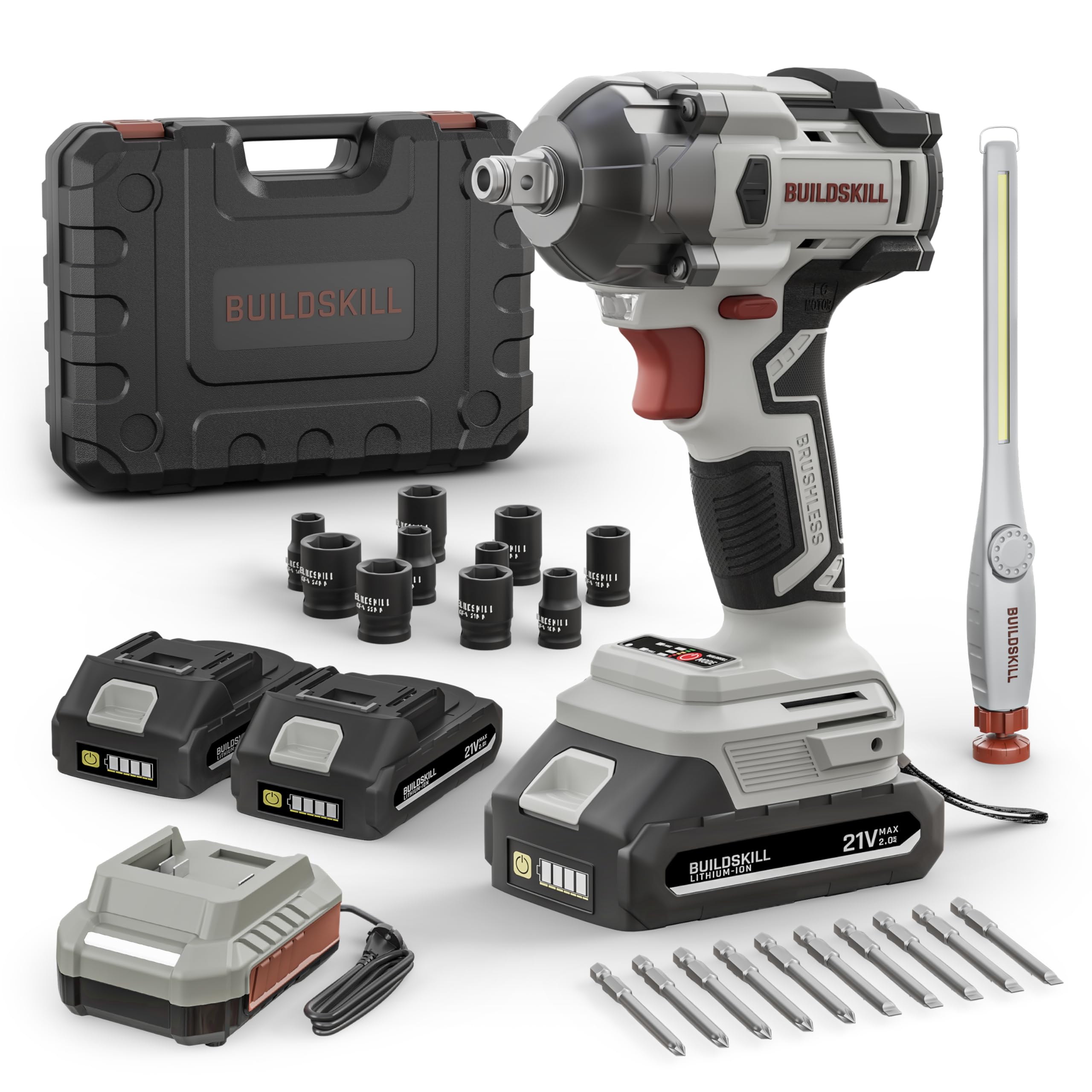 BUILDSKILL 21V - 1/2" 400NM BLDC Cordless Impact Wrench Set | 2 x 2.0Ah Battery | 10 Pcs Socket + 10 Pcs Screwdriver Bit | LED Light | 3400-4500 RPM | 2800-3200 Impact Rate | 2.0A Fast Charger-image-12