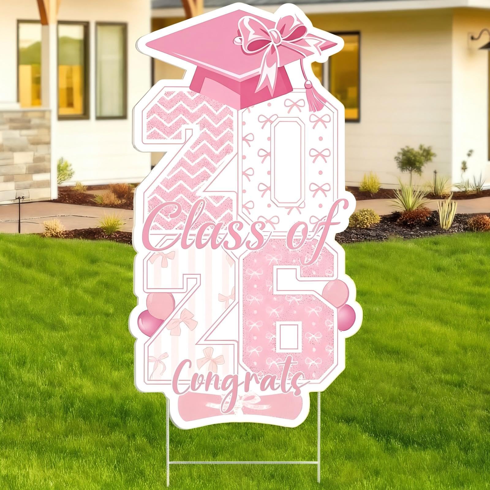 Photo 1 of RattanView 47 Inch Graduation Yard Signs Class of 2026 Pink Congrats Grad Signs with Metal Stakes Pink Extra Large Lawn Yard Graduation Decorations for College High School Grad Outdoor Party Decor